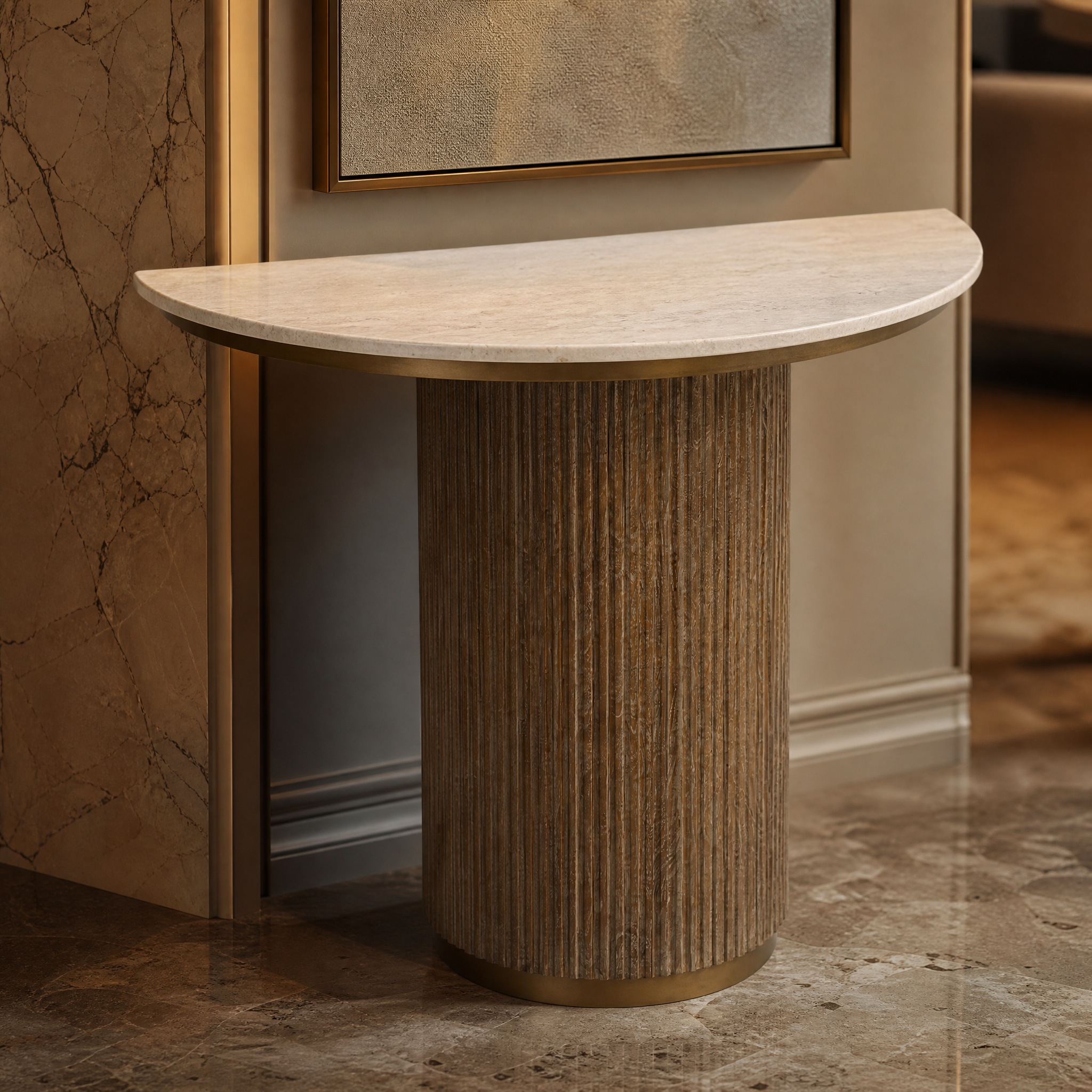 Close-up detail of the refined warm brass frame and exquisite surface texture of the Aventino console table