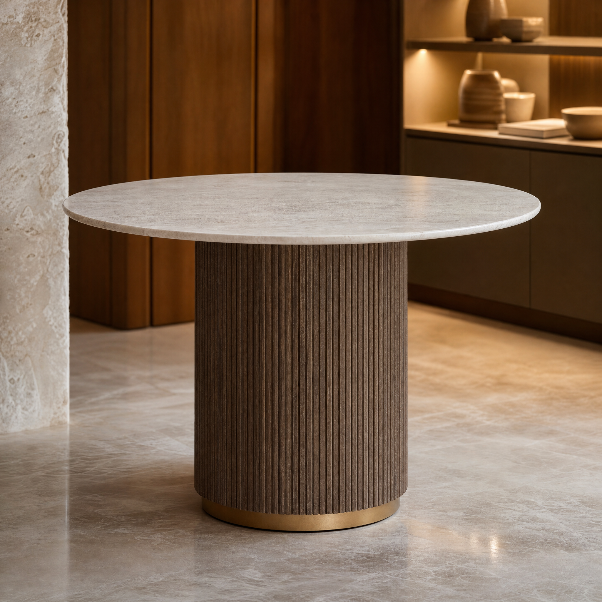 Close-up of the warm brass frame and rich brown panelling details of the Aventino dining table.