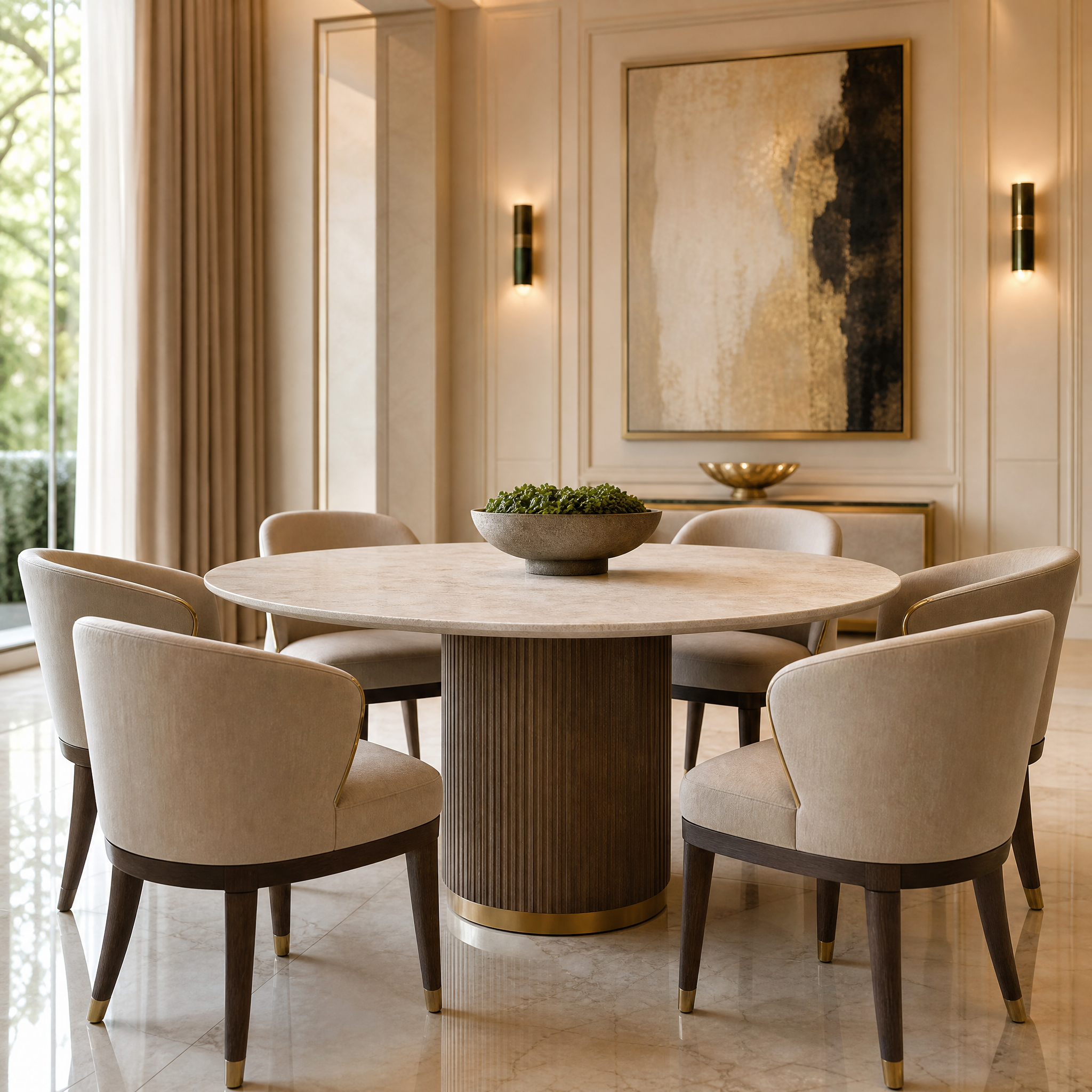 Aventino dining table with brass frame and brown panels in a luxury residential dining room setting.