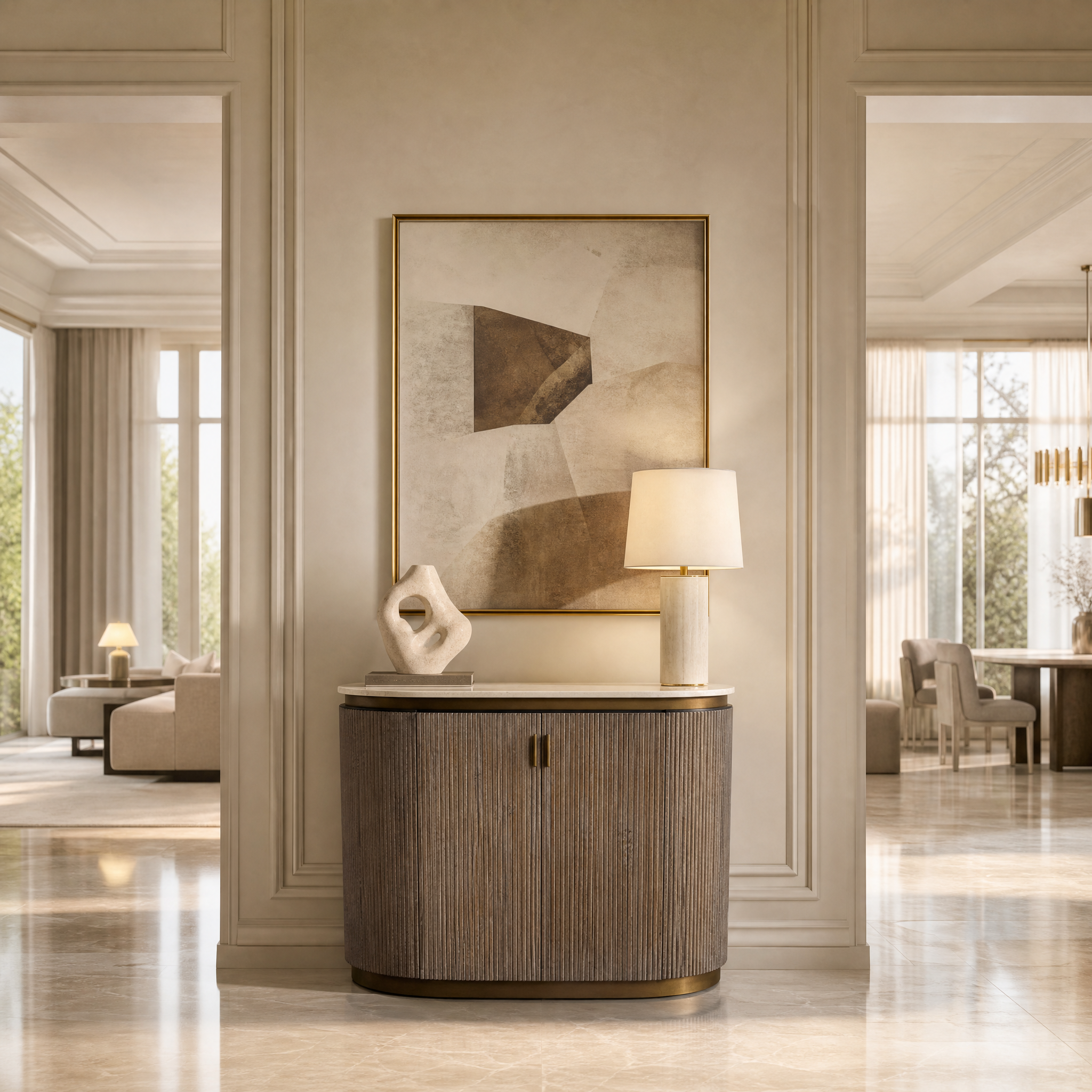 Aventino oval console table in warm brass and brown tones styled in a modern residential living room