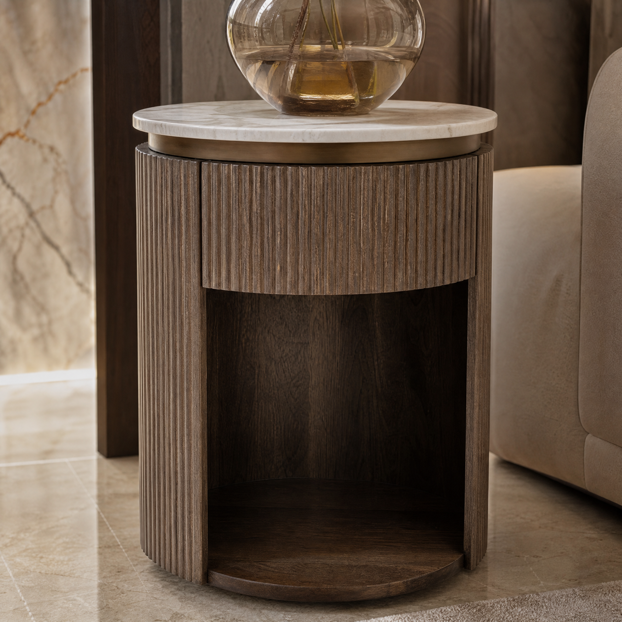 Close up shot highlighting the premium brass frame construction and drawer hardware of the Aventino side table.