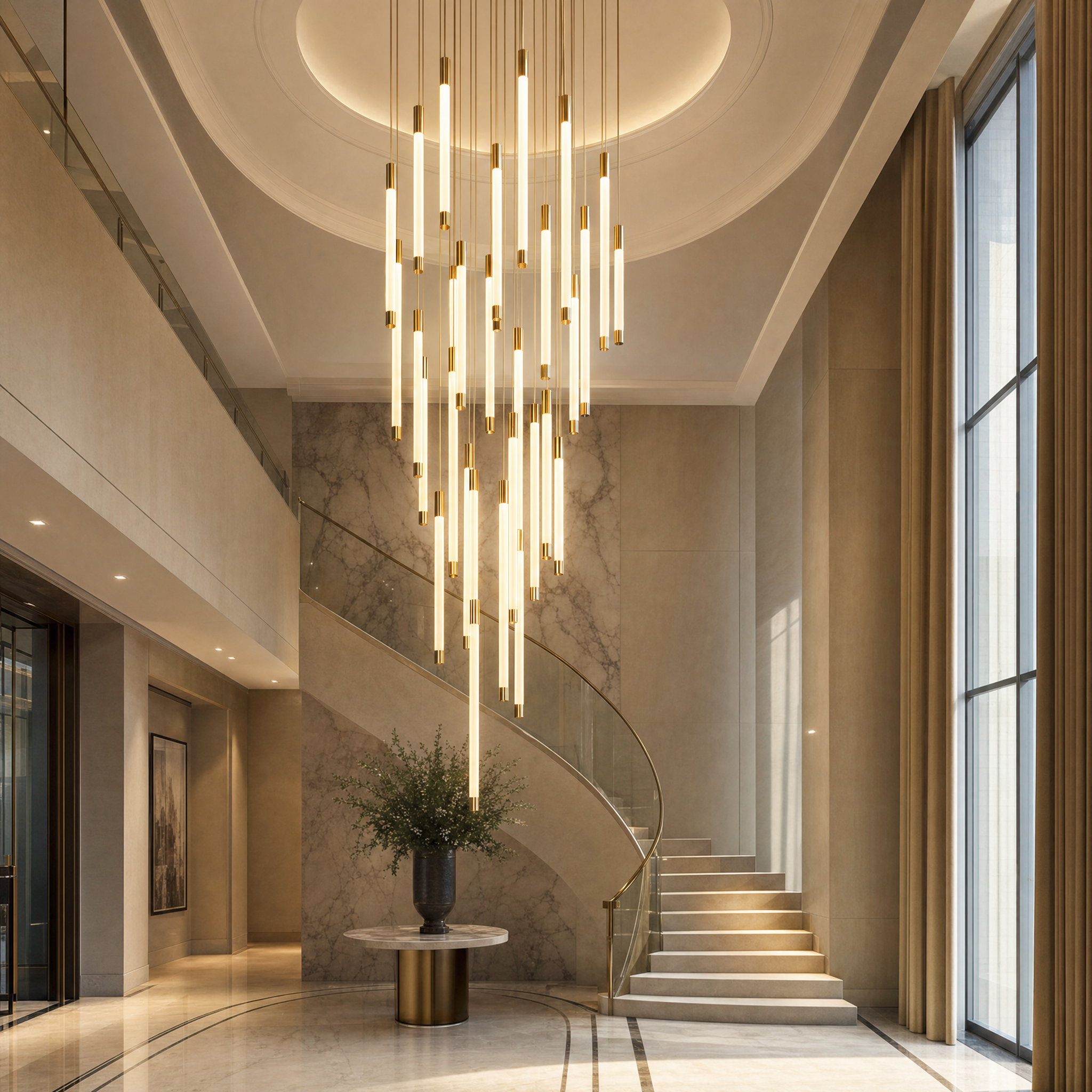 Avezzano pendant staircase chandelier featured in a luxury hotel lobby, highlighting sophisticated vertical lighting design.