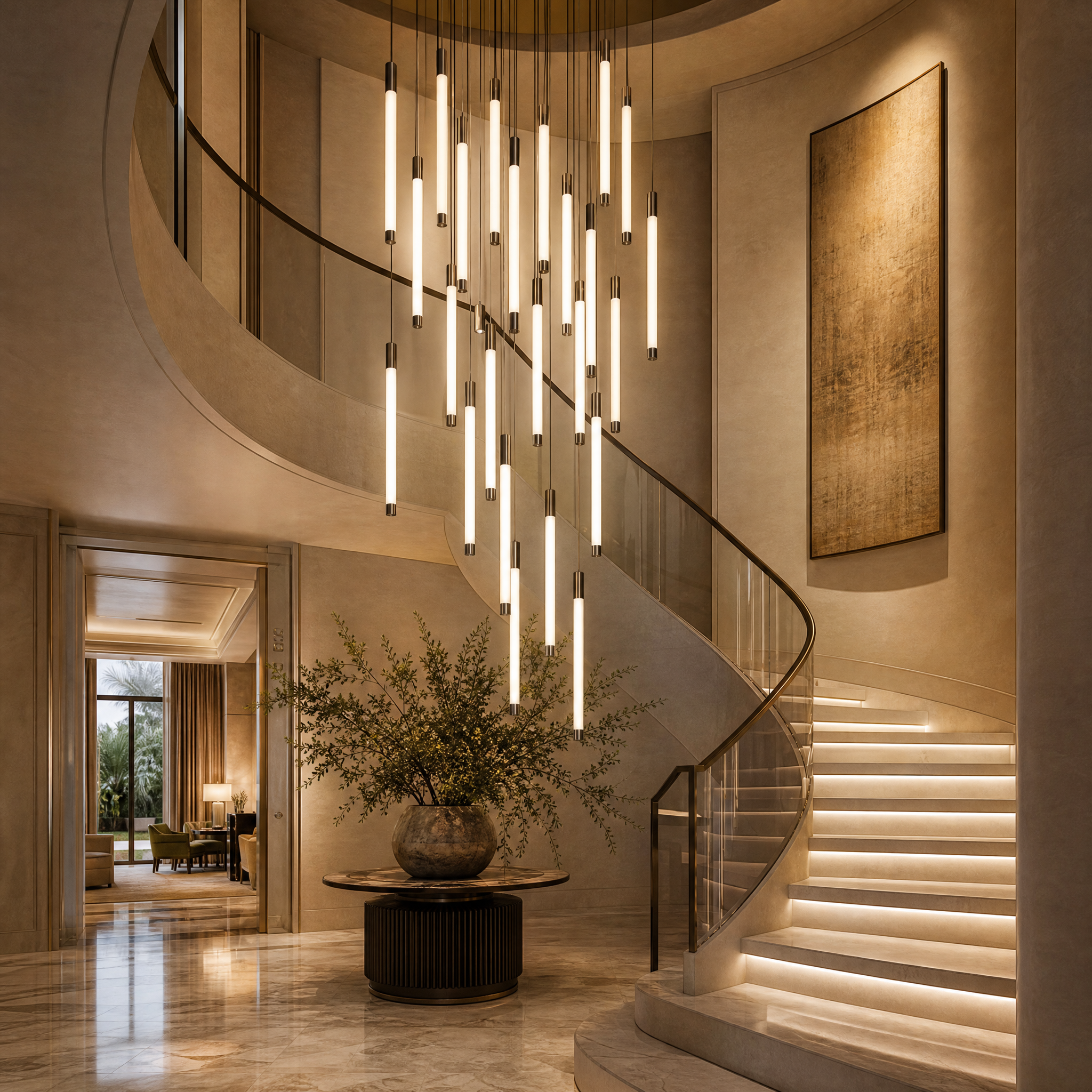 Elegant Avezzano vertical pendant chandelier illuminating a luxury hotel staircase void