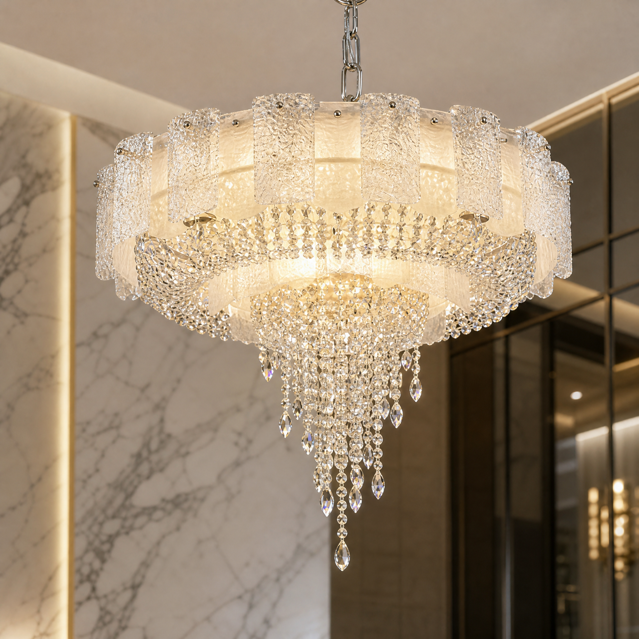 Detailed closeup of the Avino circular chandelier showcasing frosted textured glass and precision-cut crystal pendants