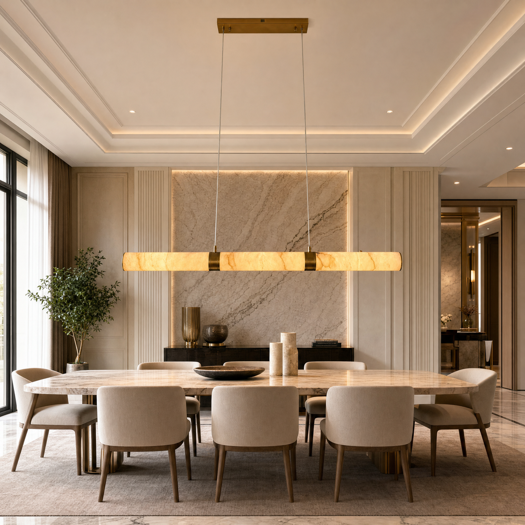 A sophisticated modern dining room featuring the Avora Marble Rectangular Chandelier with warm alabaster tones.