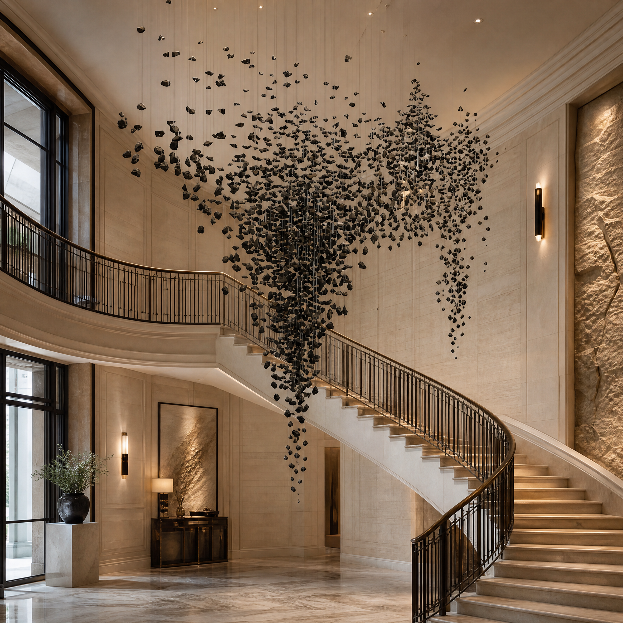 A dynamic and artistic Basilcia modern staircase chandelier installed in an upscale hospitality lounge, creating an atmosphere of organic elegance.