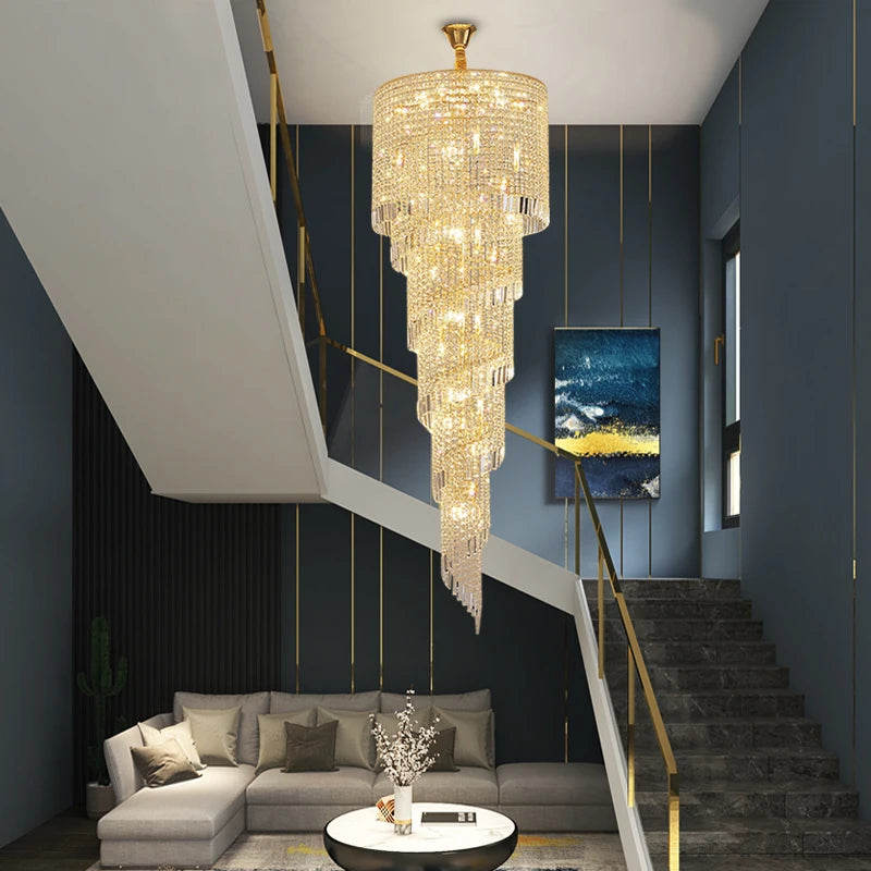 Basilgio Spiral Staircase Chandelier cascading down a grand stairwell with warm crystal illumination.