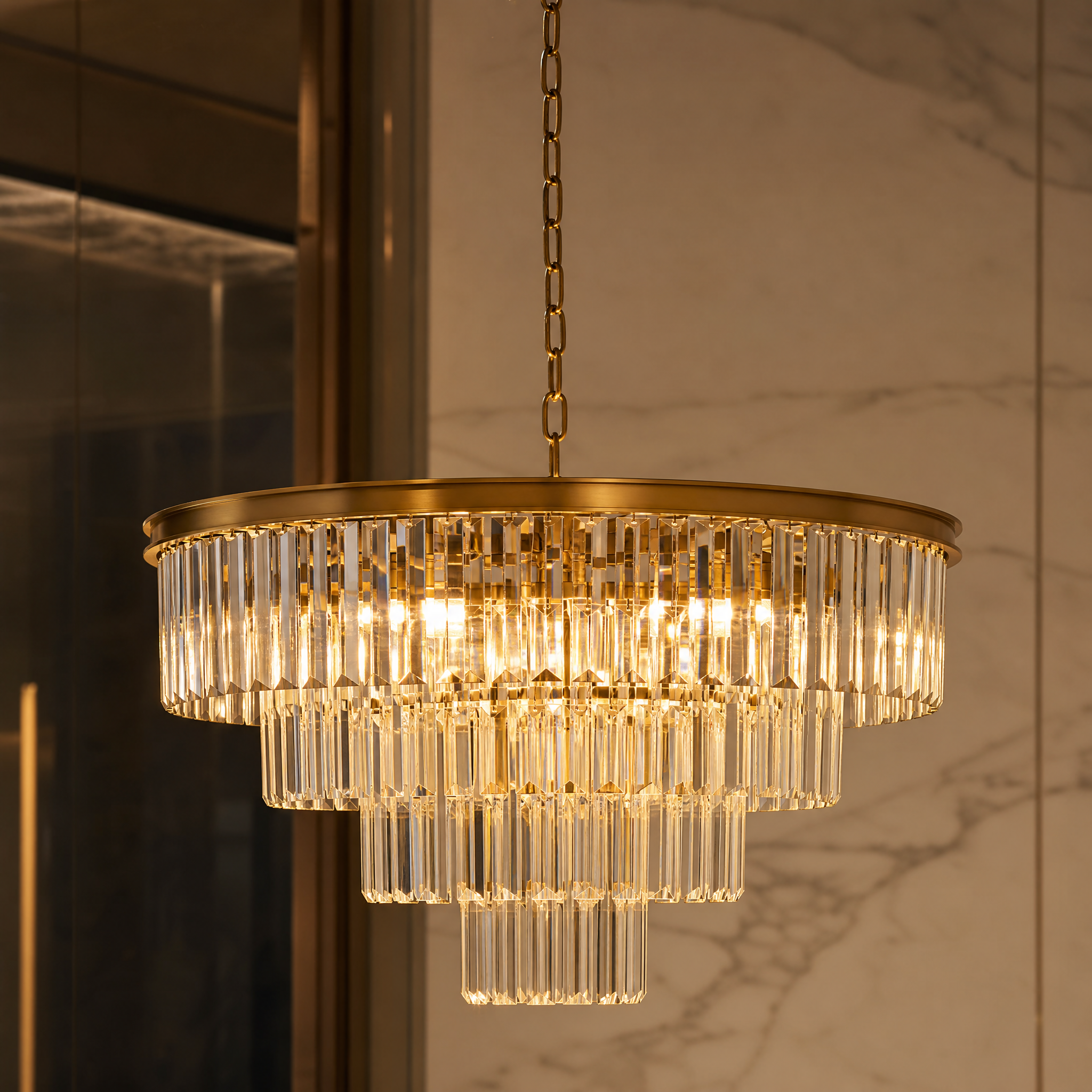 Macro detail shot of the VORELLI Beckenham chandelier showcasing the pristine, cascading crystal bars and exquisite craftsmanship.
