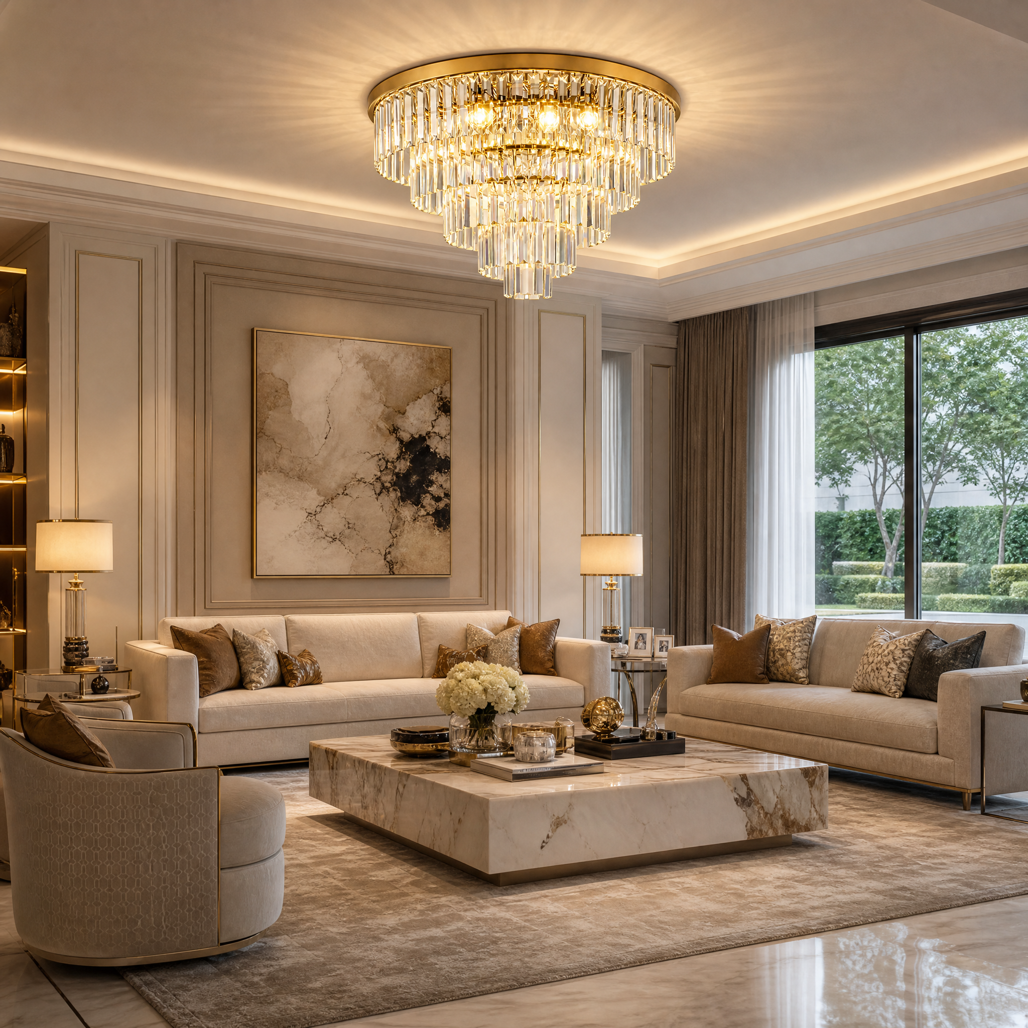 VORELLI Beckenham classical tiered crystal chandelier casting a warm, sophisticated glow over an elegant residential living room setting.
