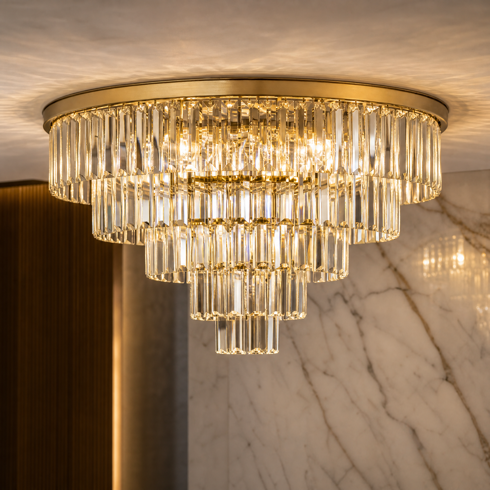 Macro closeup of the VORELLI Beckenham ceiling light highlighting the pristine precision-cut crystal bars arranged in classical luxury tiers.