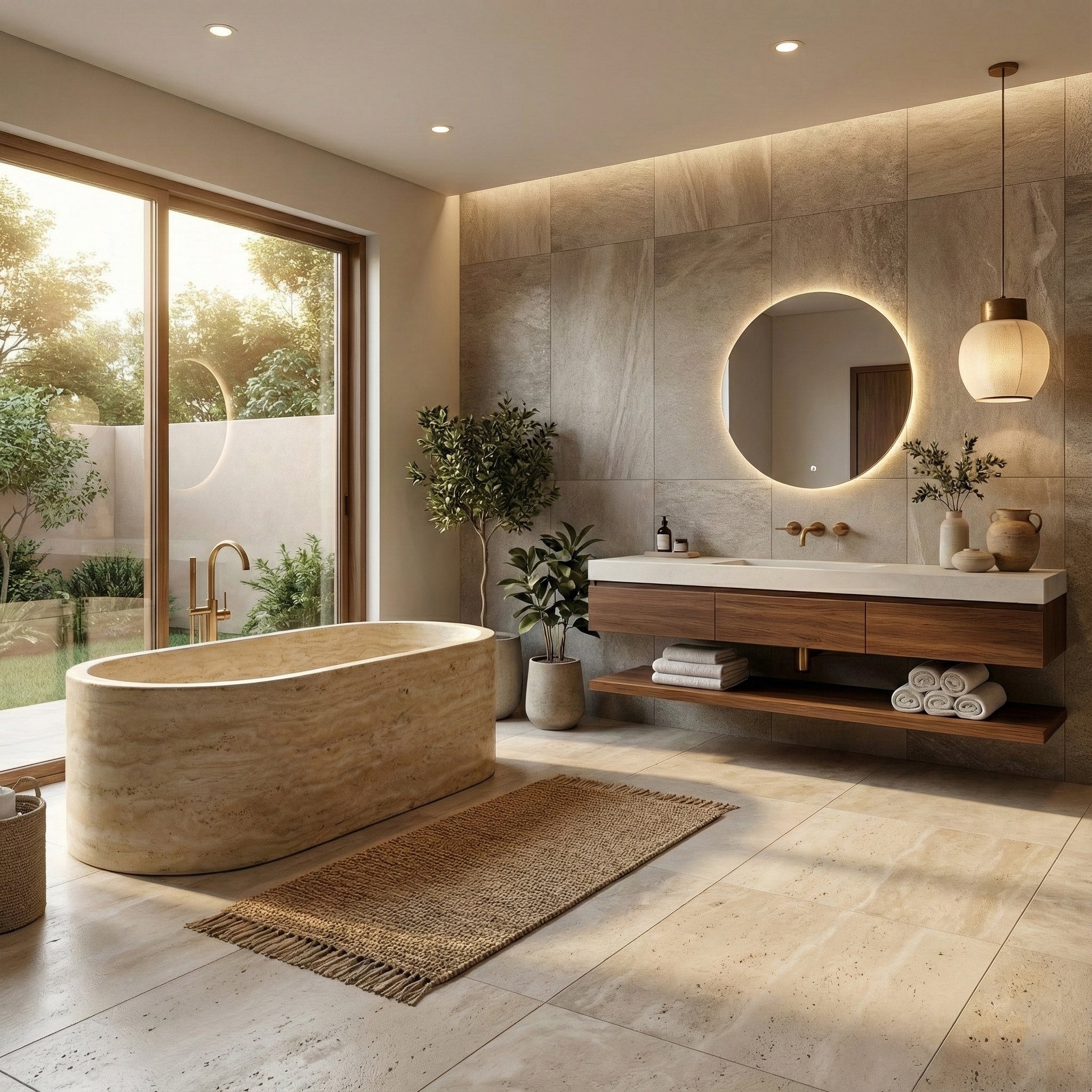 Beige Travertine Freestanding Bathtub - Elliptical