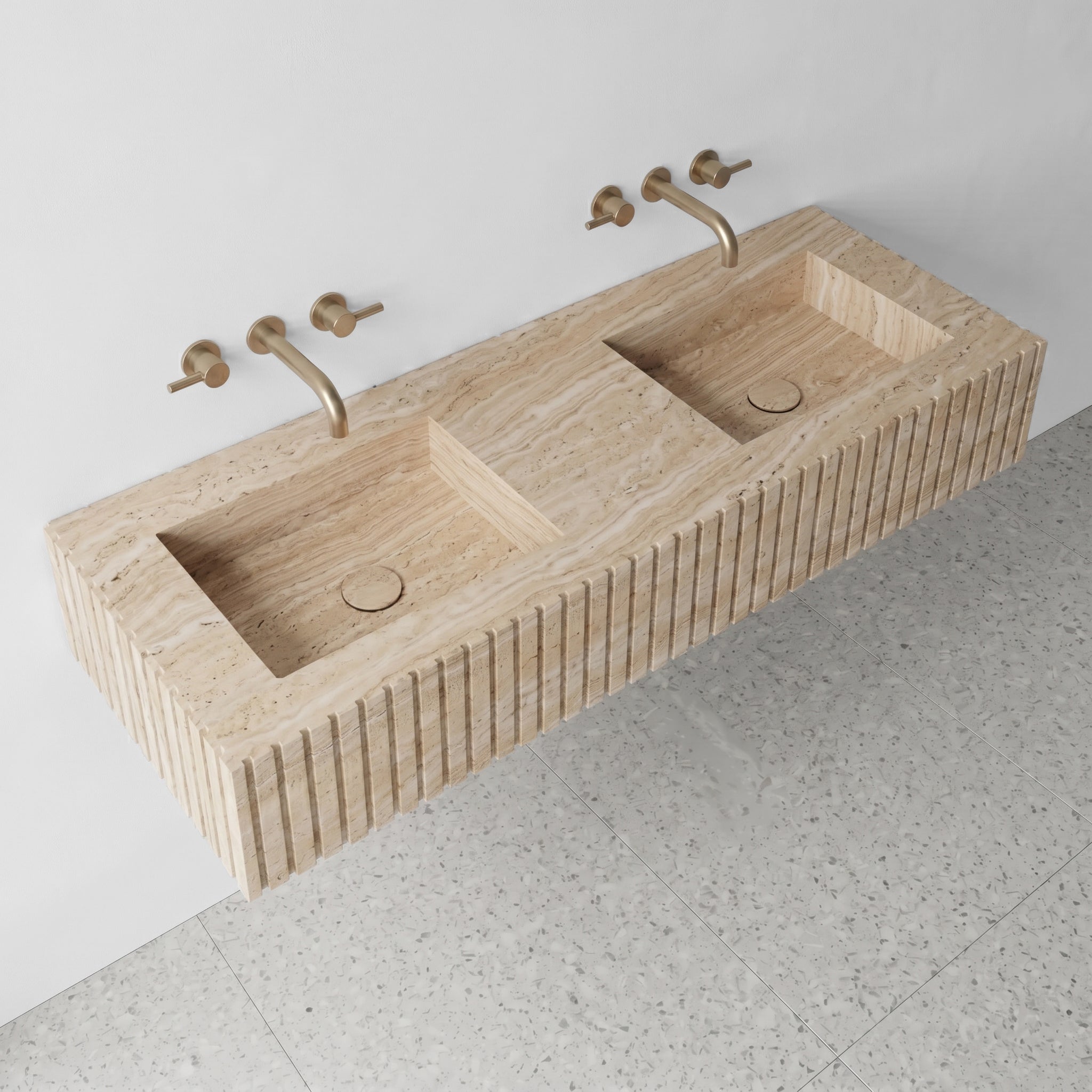 Beige Travertine Double Sink - Fluted