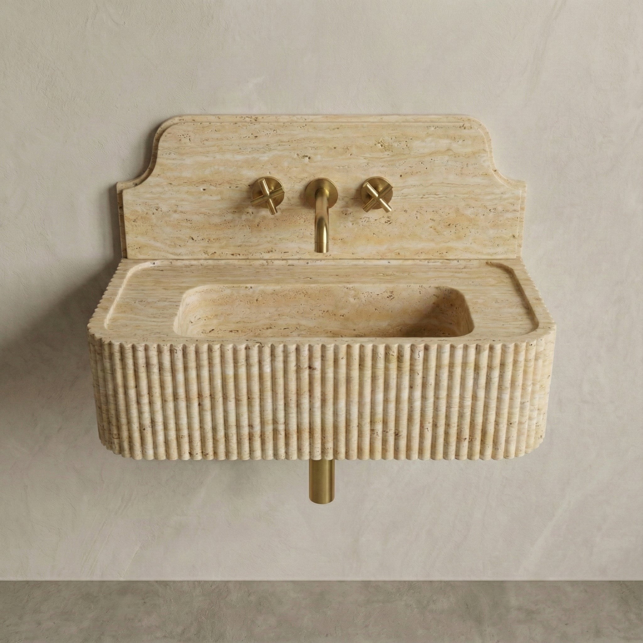 Beige Travertine Backsplash Sink - Fluted