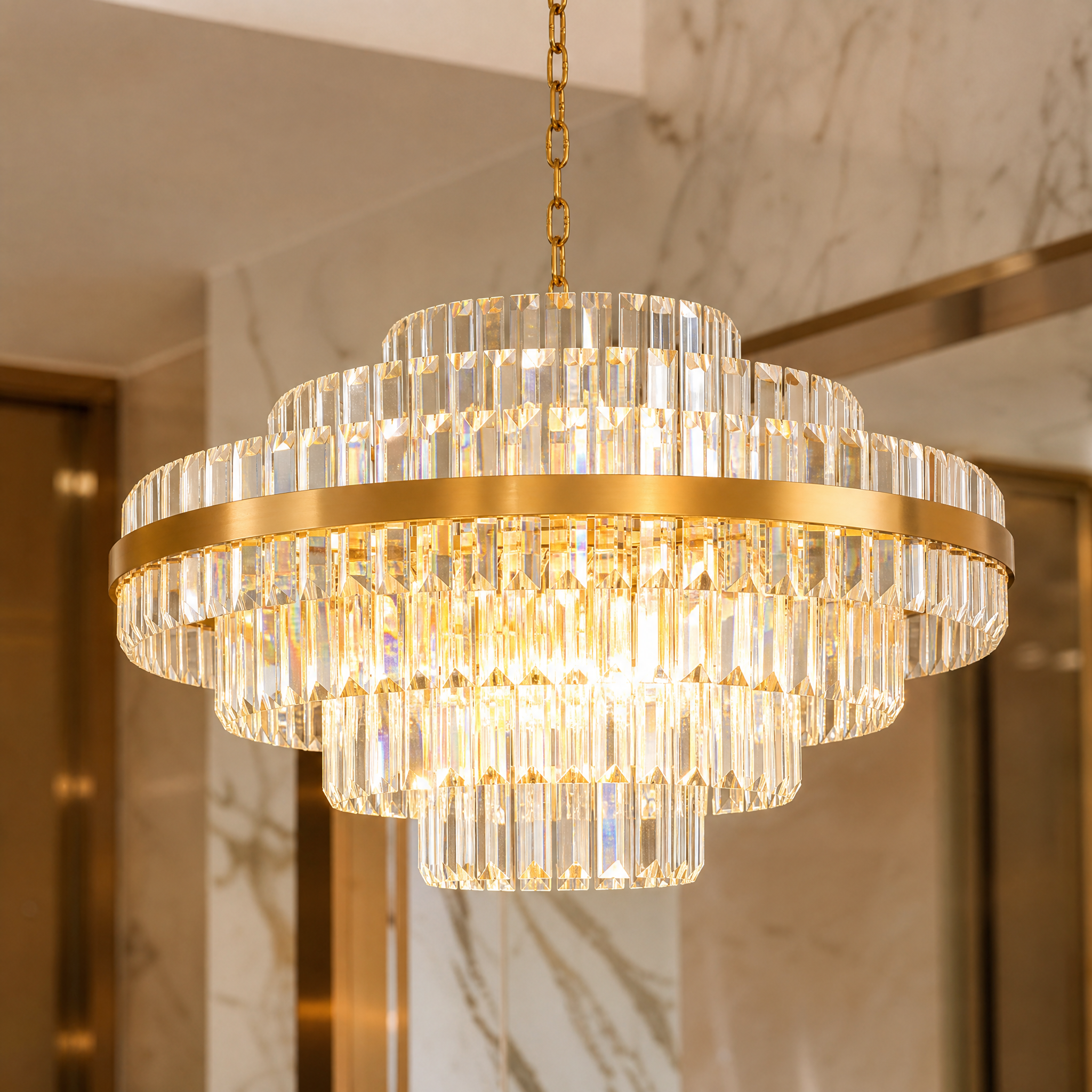 Macro closeup of the dazzling precision-cut crystal bars on the VORELLI Belair circular chandelier, showcasing premium craftsmanship and light refraction.