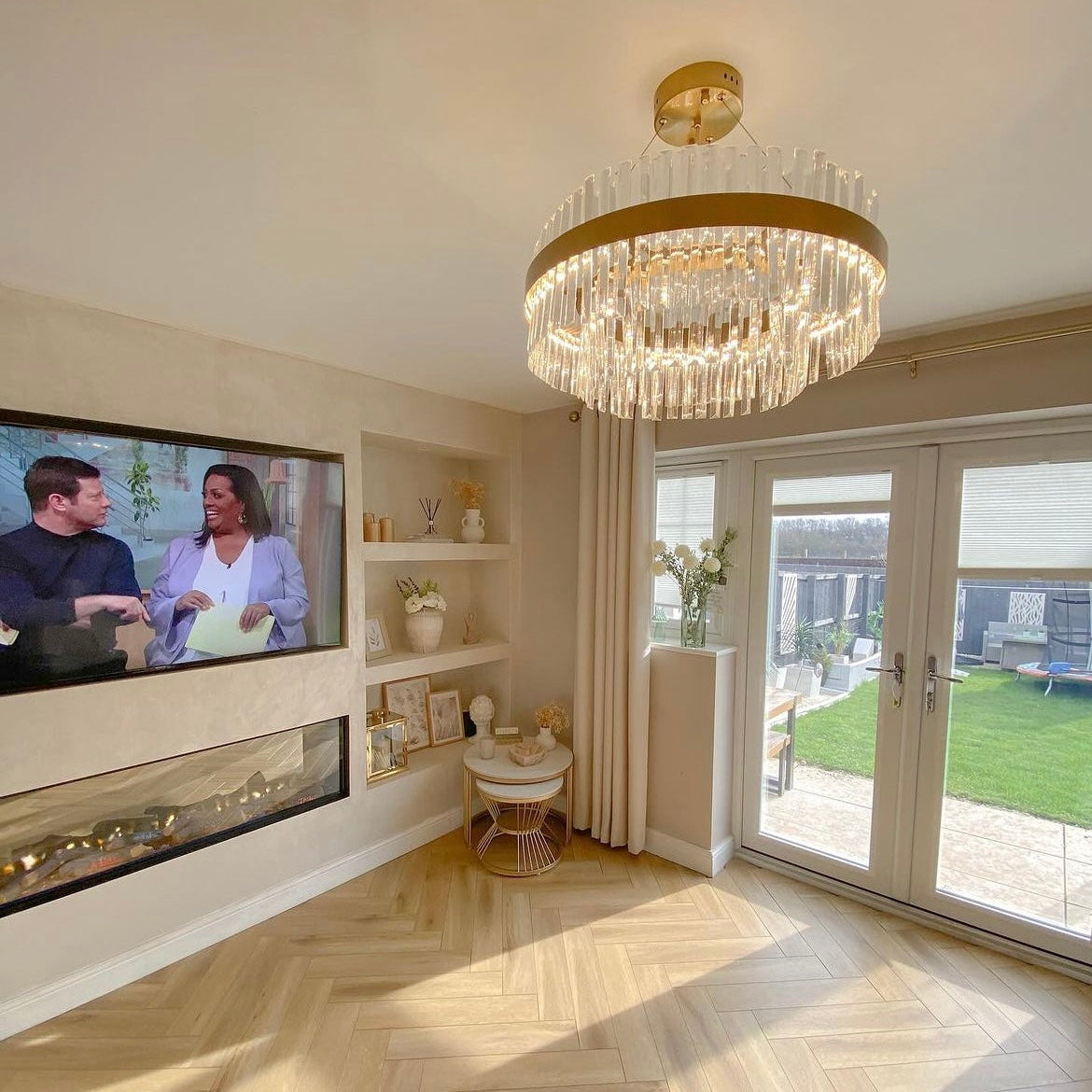 Belair circular chandelier in a luxury living room interior