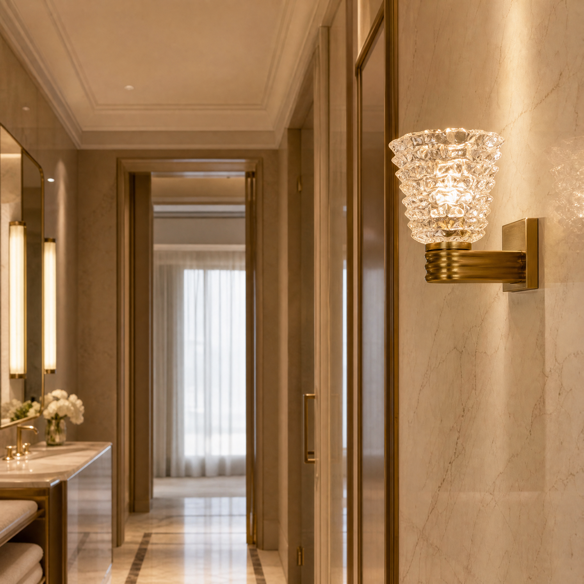 Luxury hospitality corridor featuring the VORELLI Bellaria IP44 rated brass wall sconce creating an upscale, 1950s Italian-inspired ambiance.