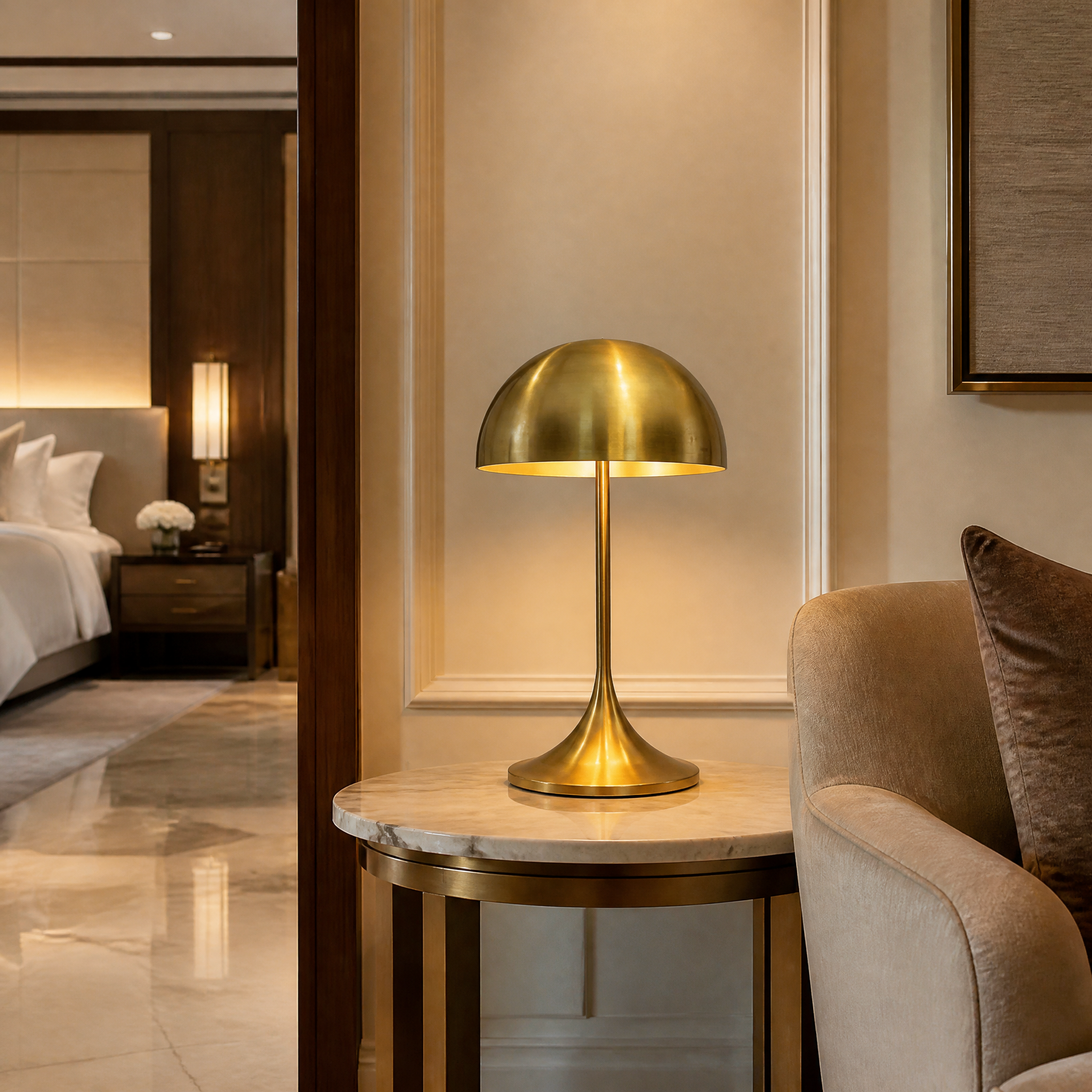 The sculptural curved dome of the VORELLI Bellaro brass table lamp adding sophisticated mood lighting to a luxury hospitality lounge.