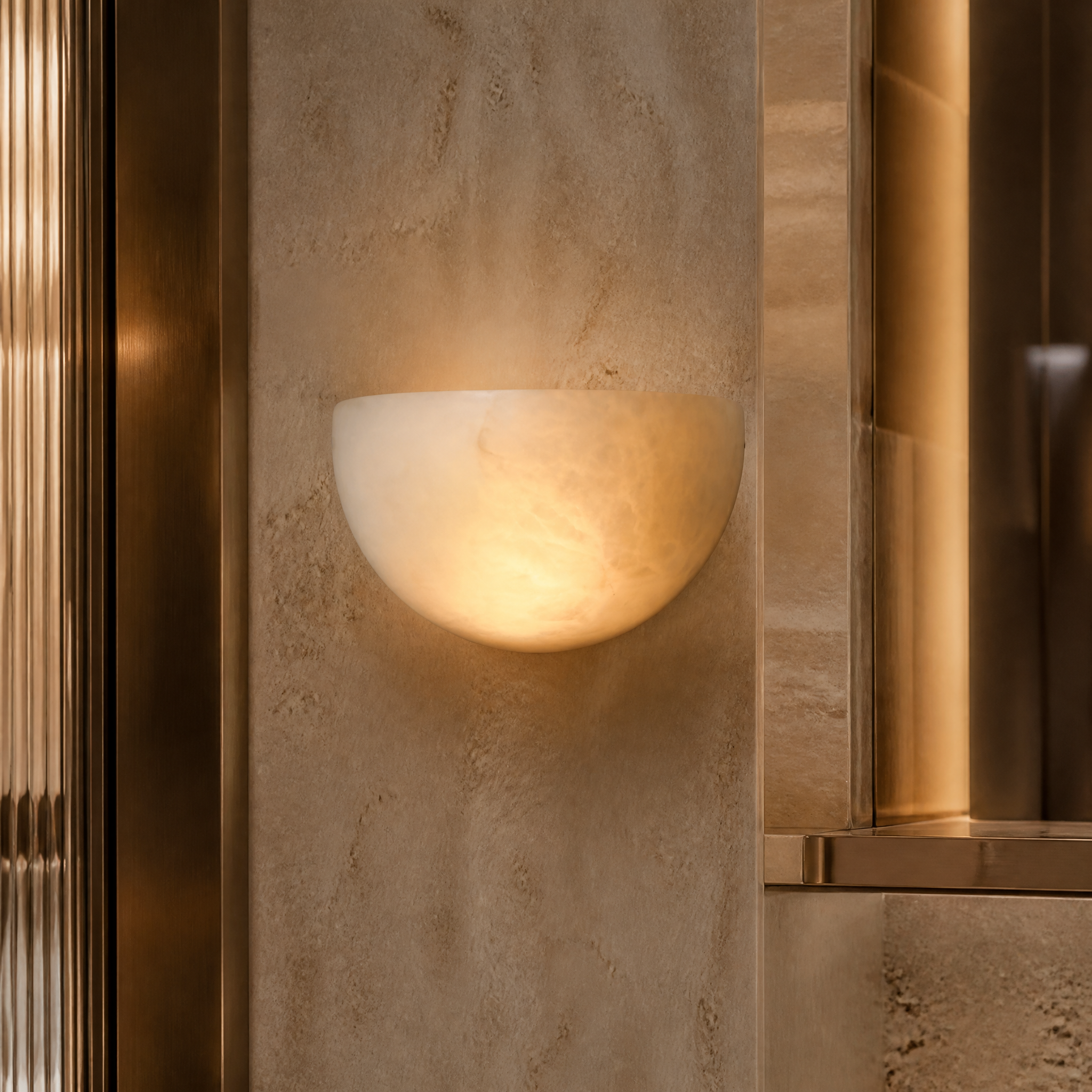 Macro view of the Belluno Marble Wall Light showing the fine texture and elegant half-sphere silhouette.