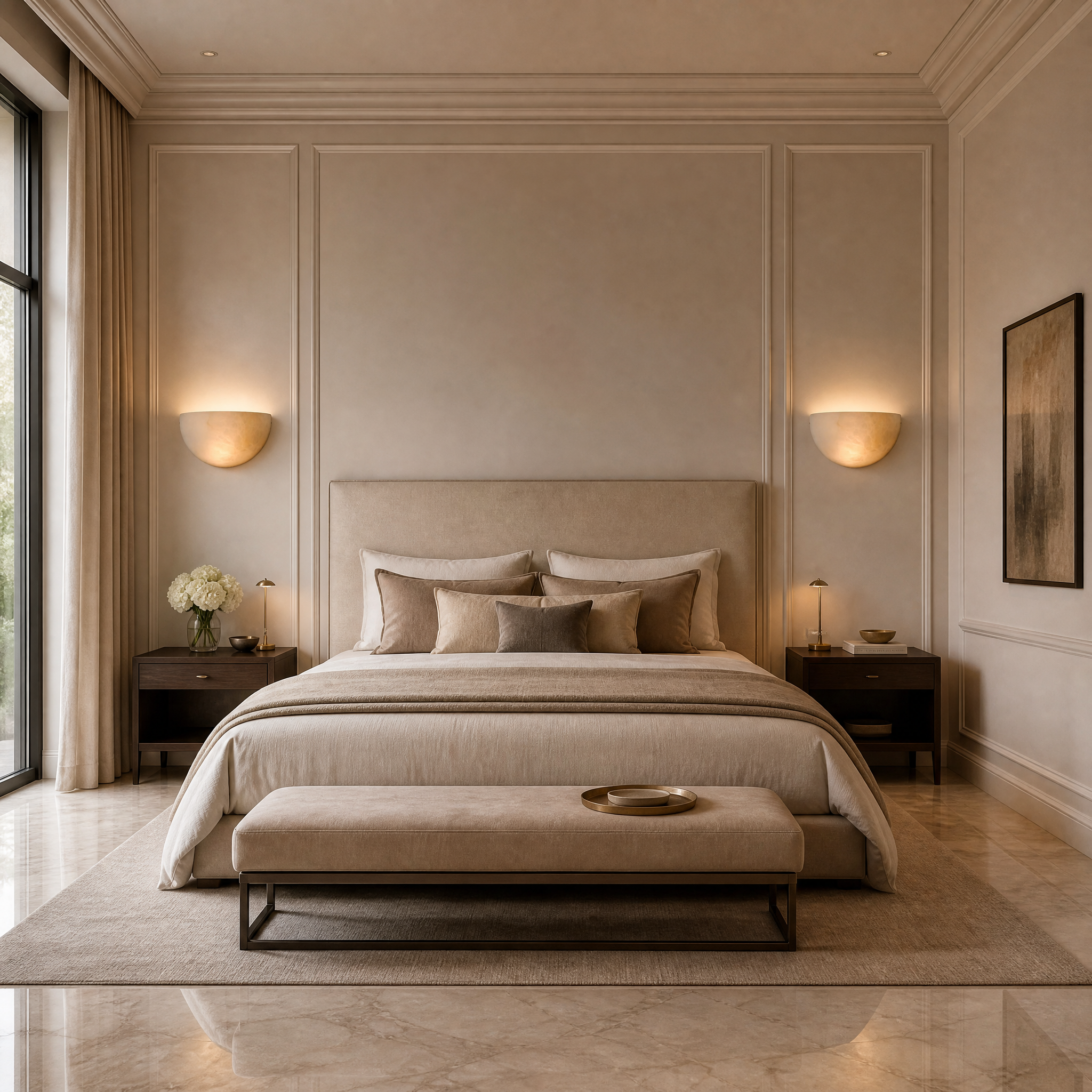 Belluno Marble Wall Light by VORELLI illuminating a luxury residential living room with a soft, warm glow.