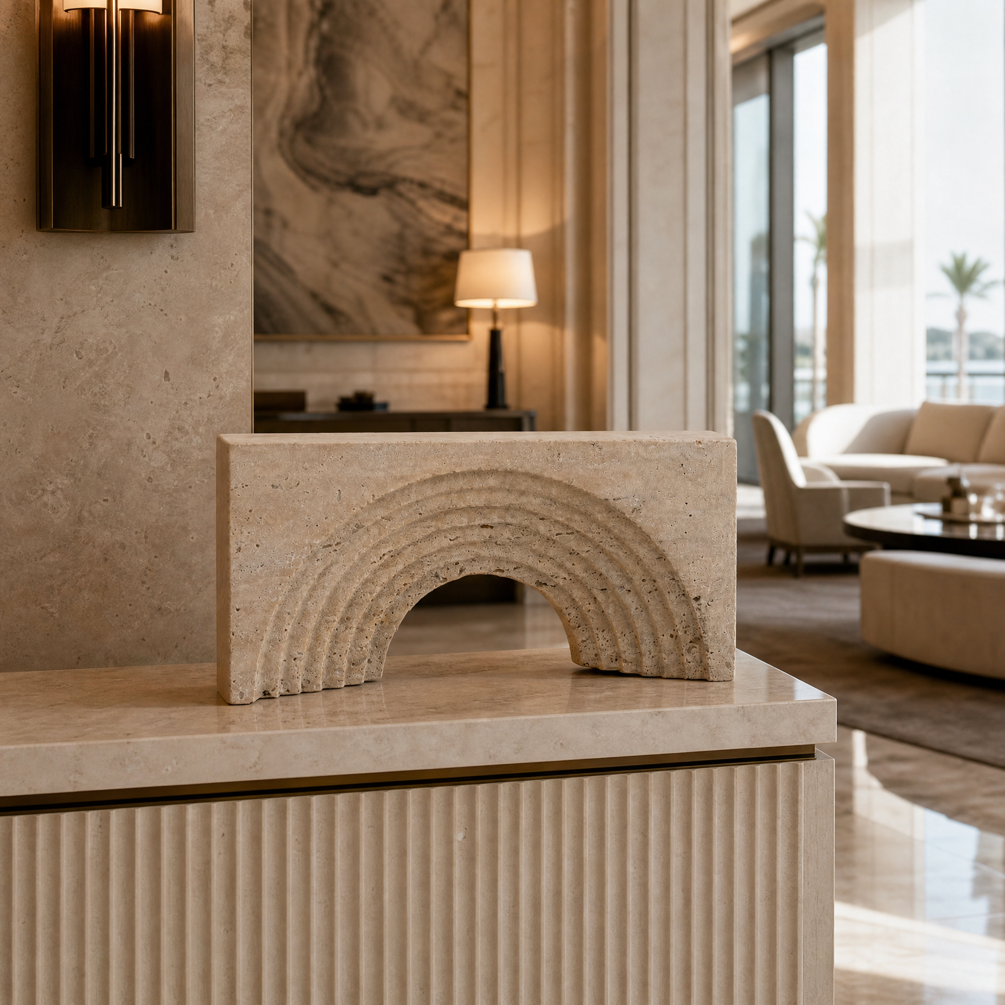 The Belvista carved stone decorative piece by VORELLI displayed in a high-end hospitality lobby, complementing a contemporary interior design.