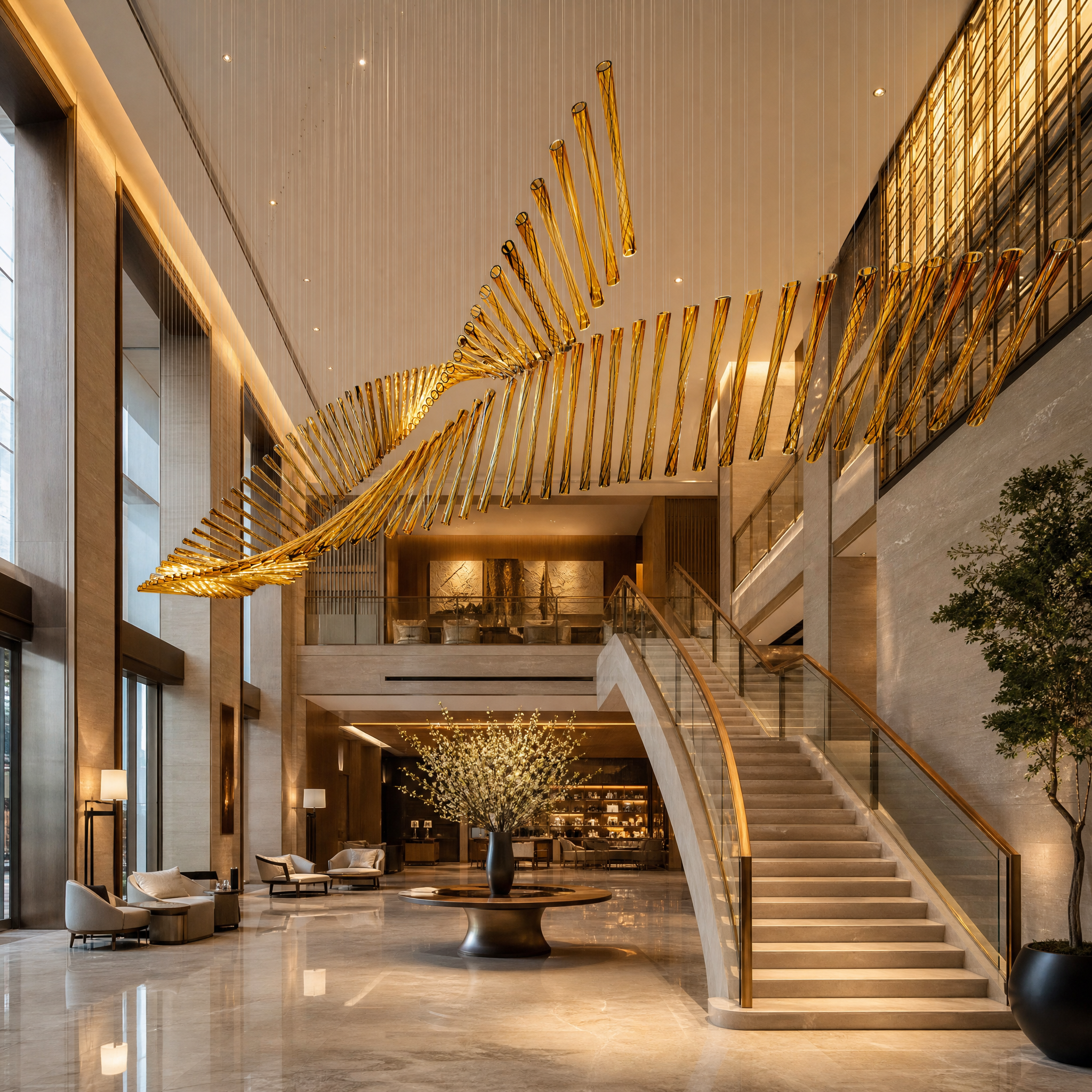 Fluid sculptural hollow amber glass tube installation suspended in a high-end hospitality lobby