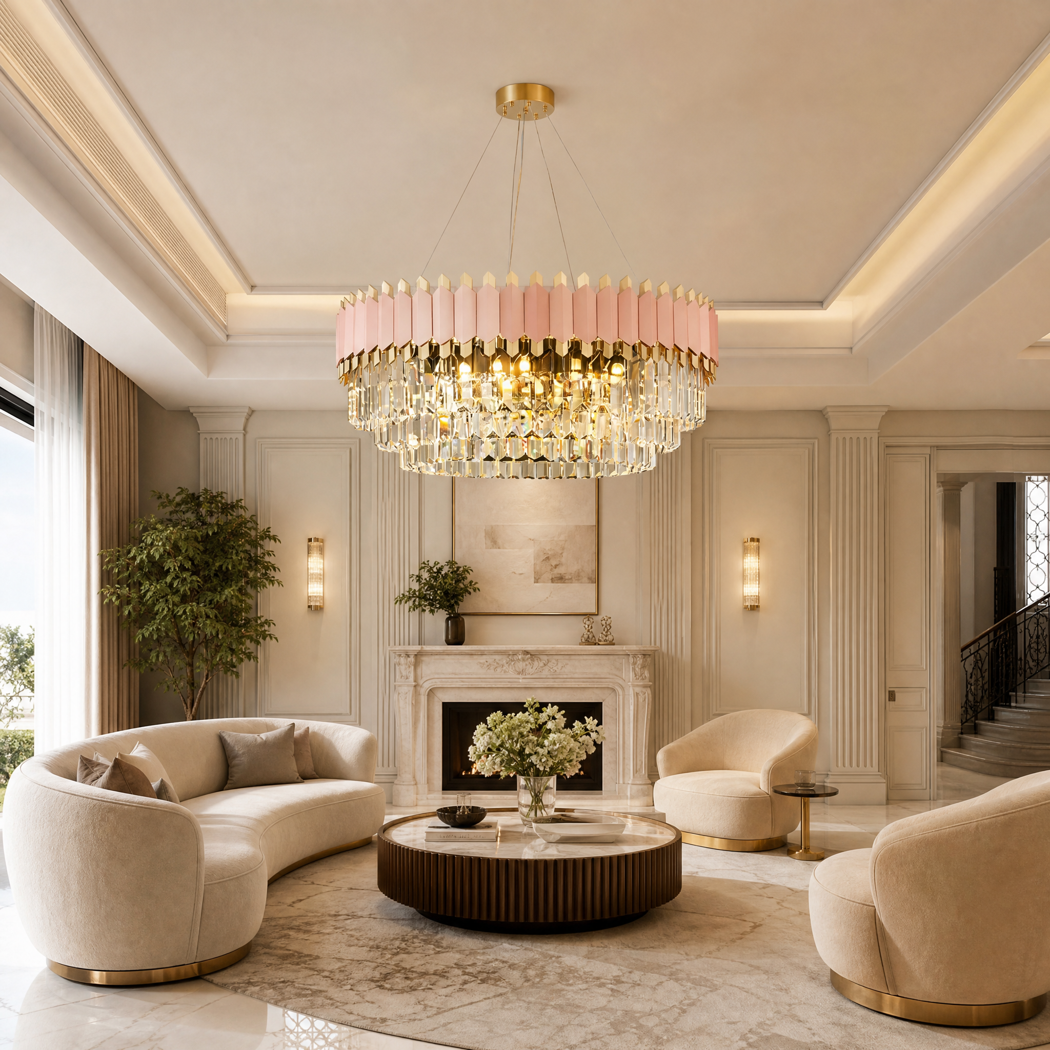 VORELLI Bianca circular chandelier in a luxury pink-themed girls bedroom featuring a brushed rose gold frame and elegant crystal bars.