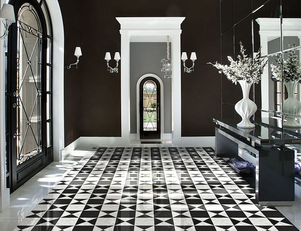 Black White Triangle Marble Mosaic Tile installed marble tile view by VORELLI