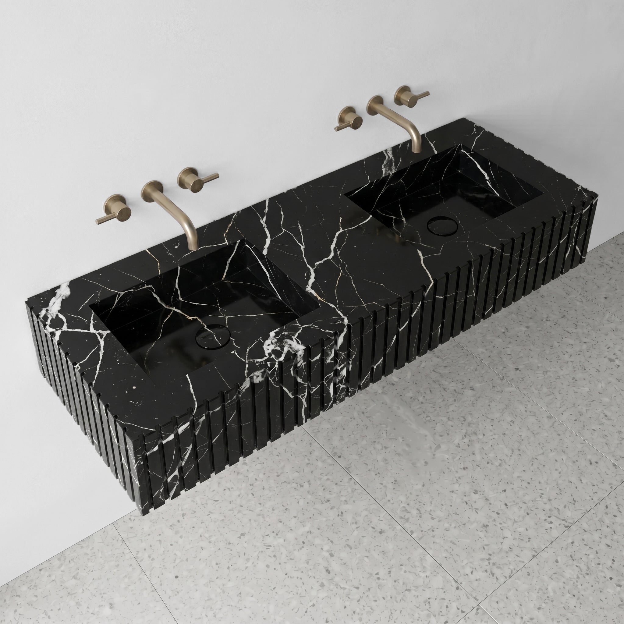 Black Marquina Marble Double Sink - Fluted