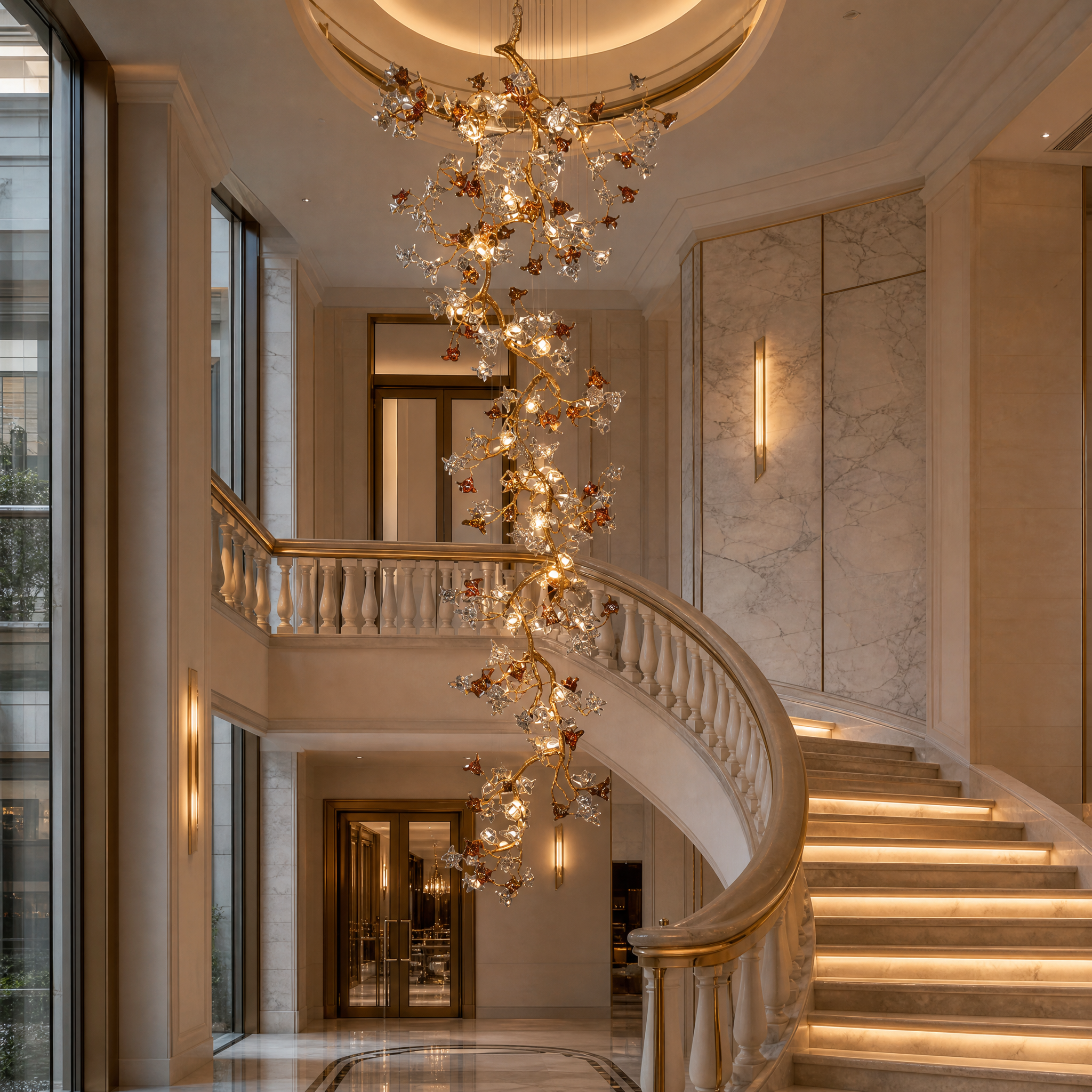 The Bloom linear chandelier featuring amber glass accents installed as a sculptural centerpiece in a luxury hotel atrium.