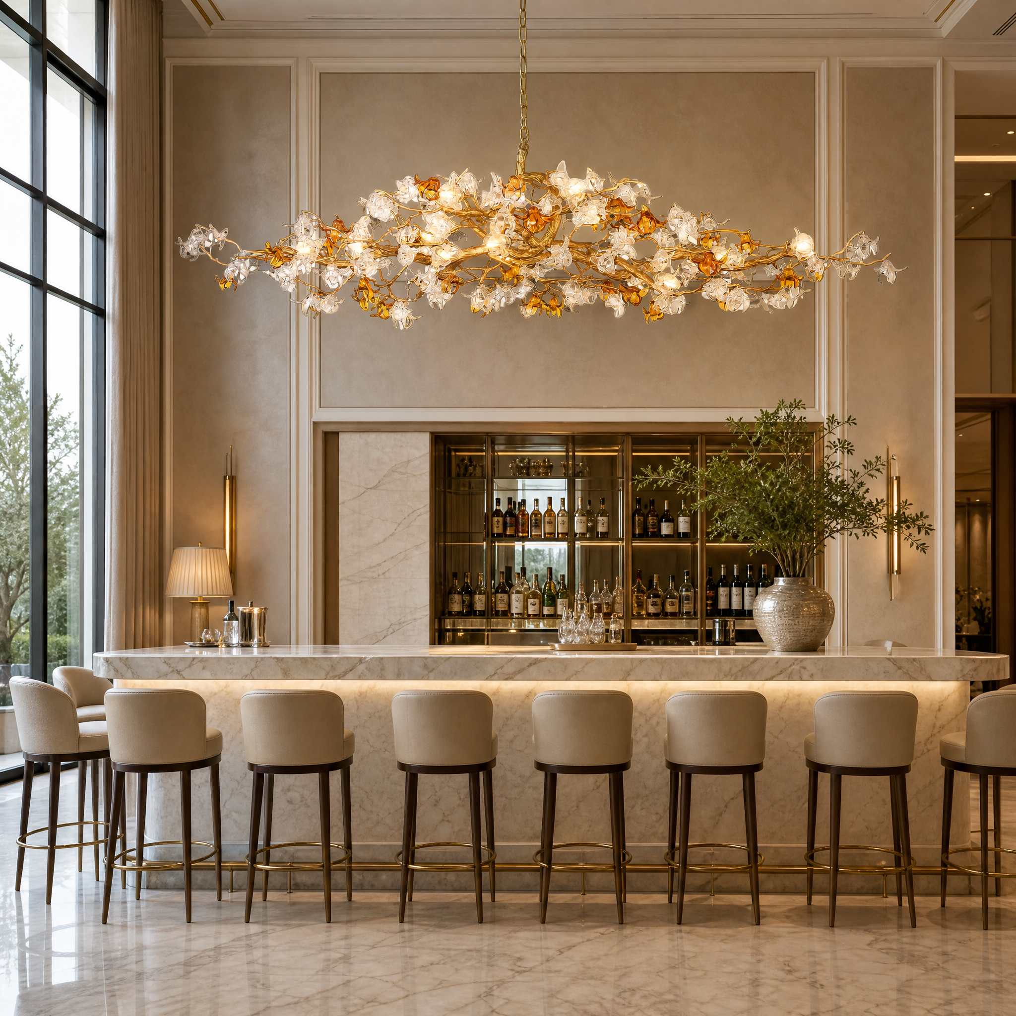 Sculptural Bloom rectangular chandelier with amber highlights installed in a high-end hospitality lobby
