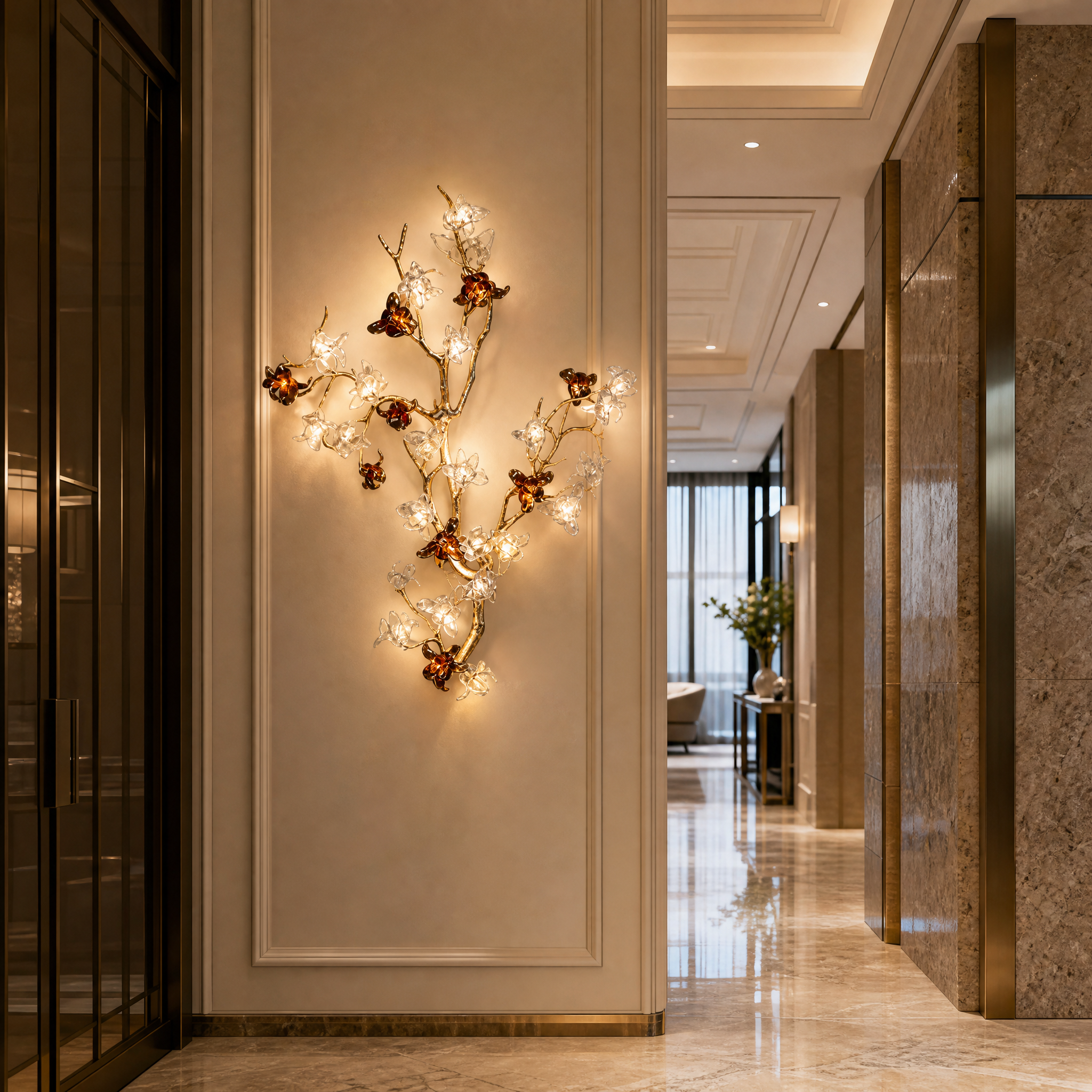 Elegant Bloom Wall Light installation in a high-end hospitality interior featuring organic glass branching.