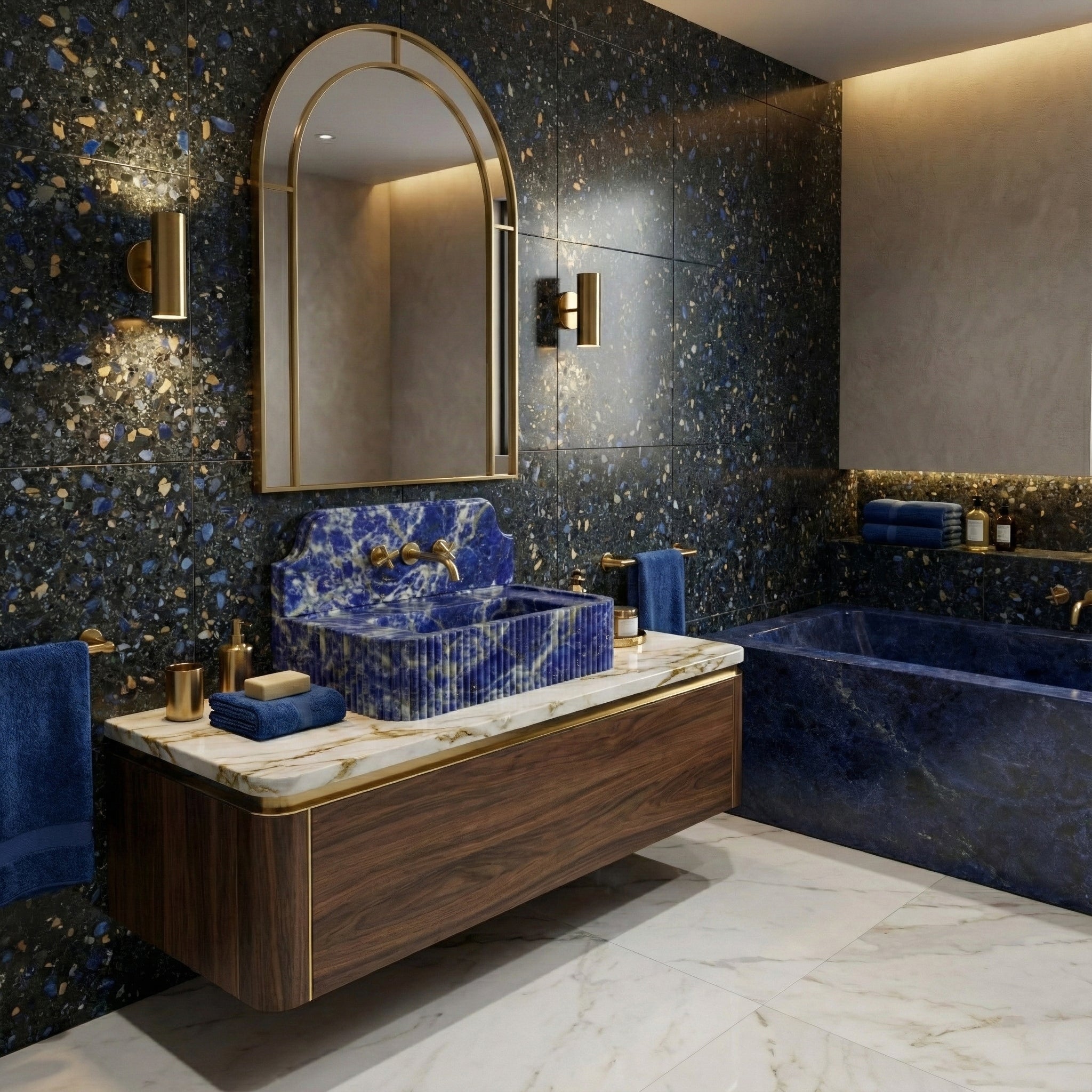 Blue Sodalite Backsplash Sink - Fluted