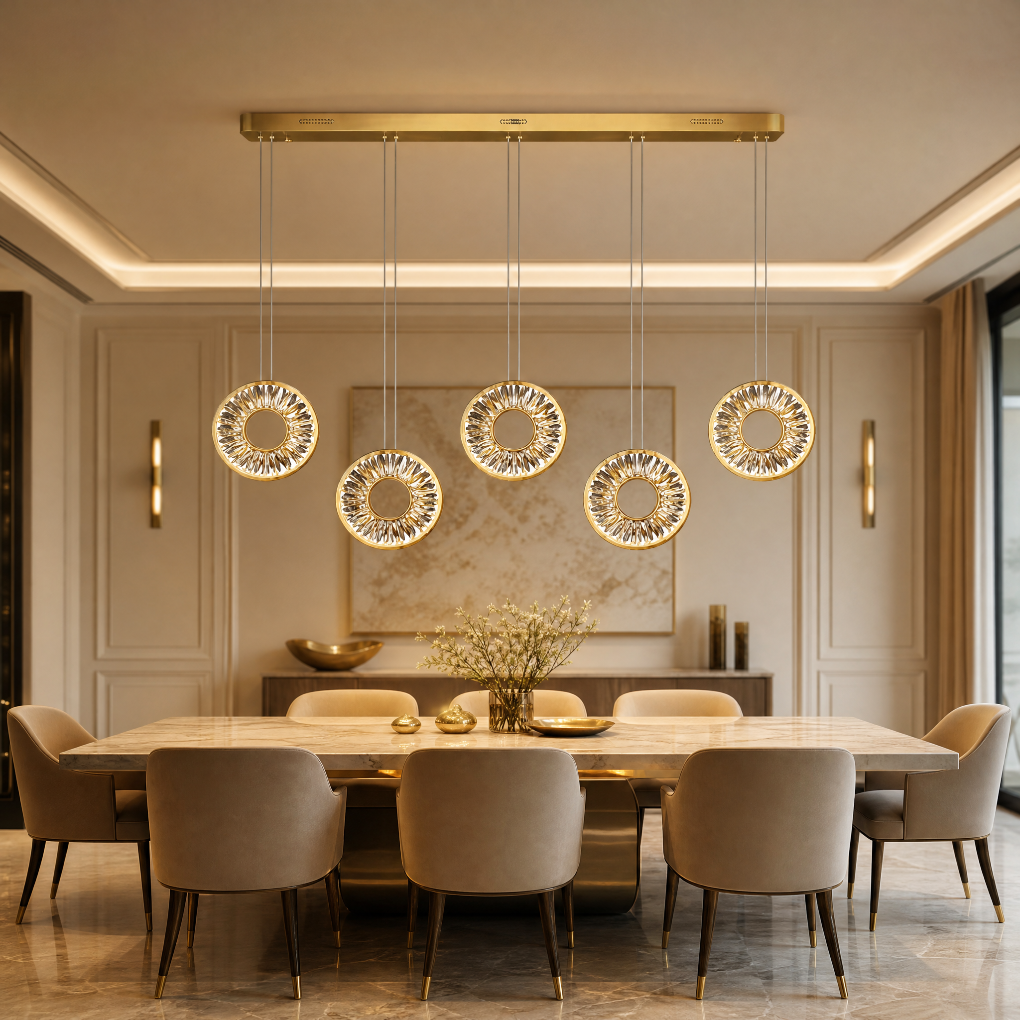 A modern VORELLI Bocelli rectangular chandelier with crystal-adorned rings hanging over a contemporary dining table.