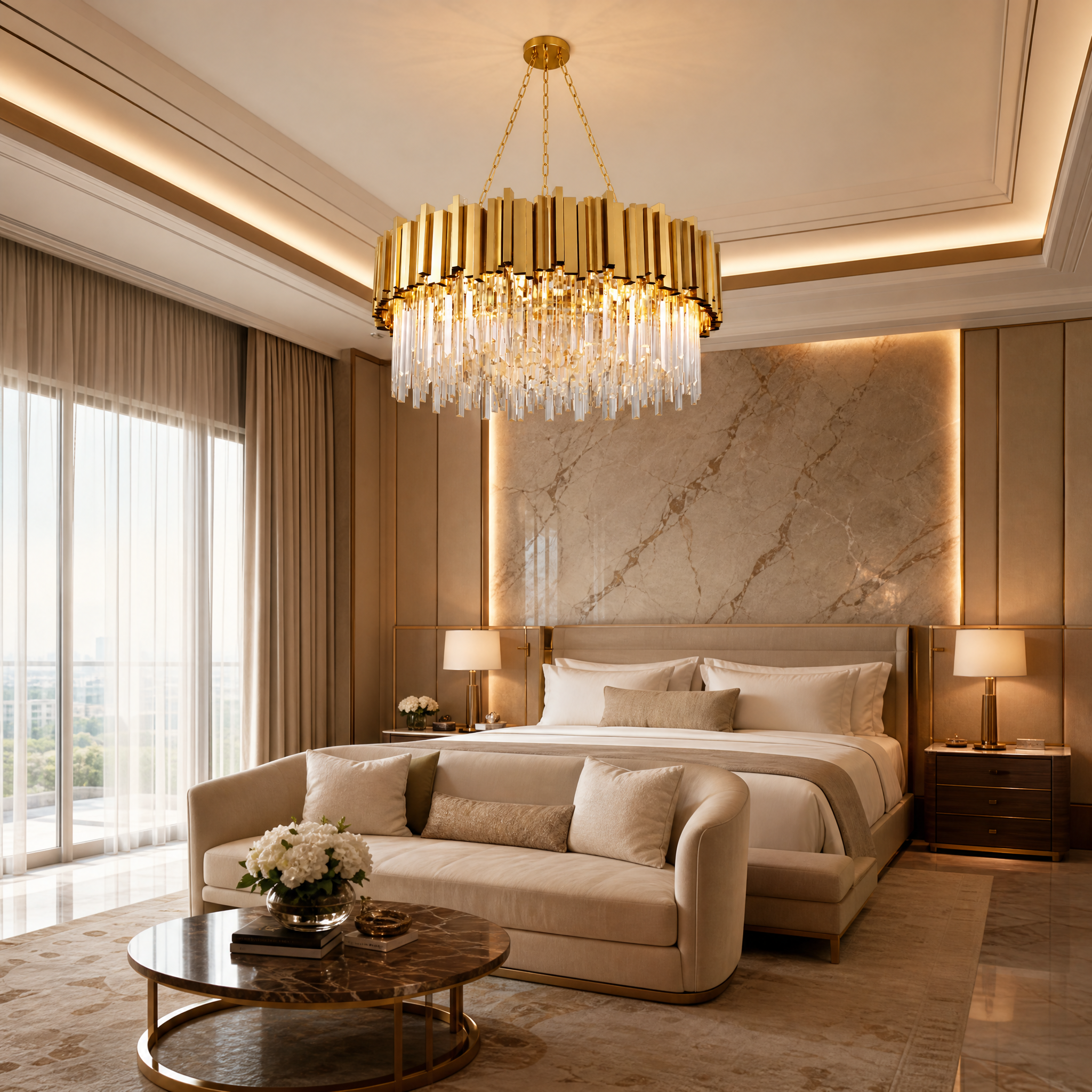 Grand Boeotia chandelier featuring cuboid tubing and crystals as a focal point in a contemporary luxury hotel lobby.