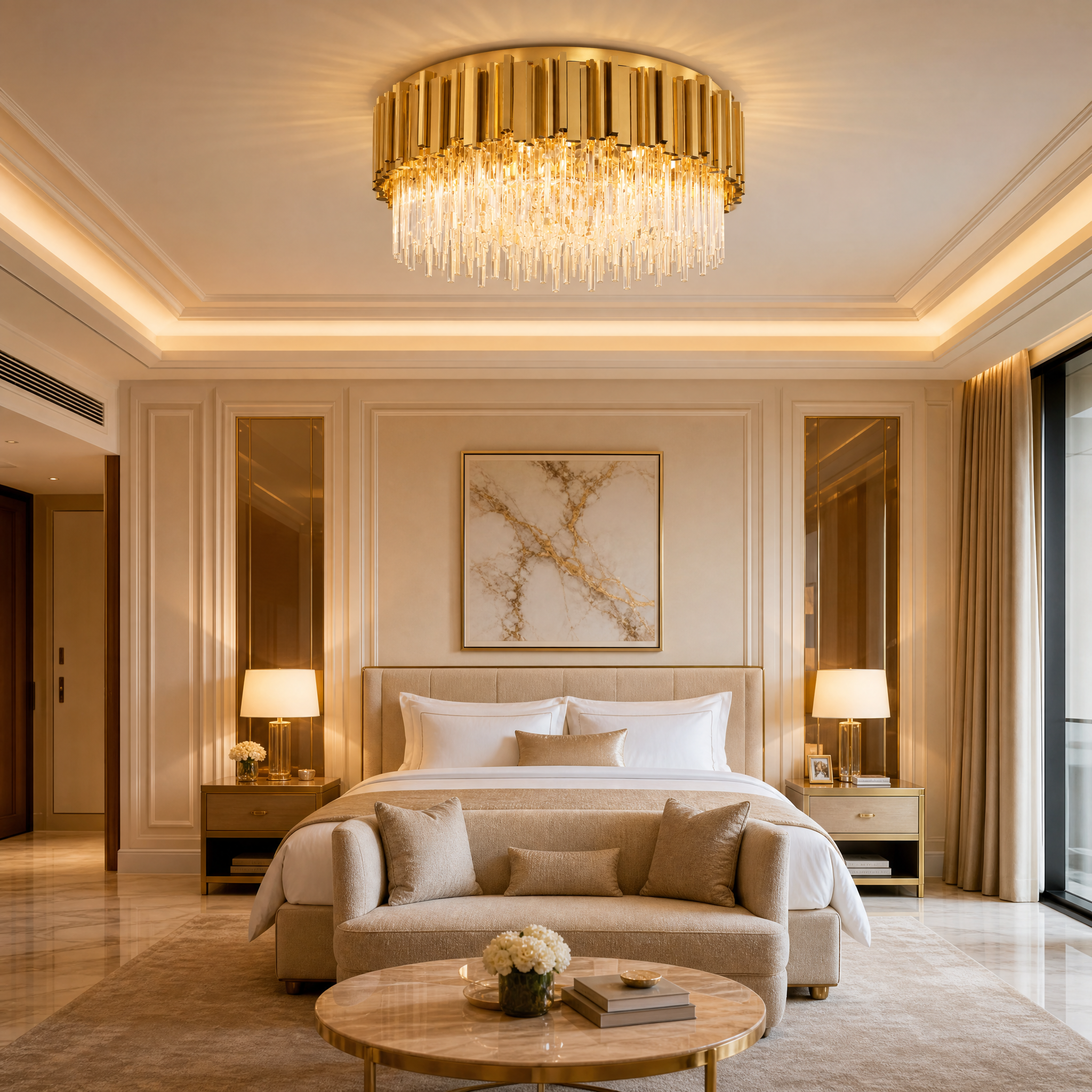 The sophisticated Boeotia ceiling light illuminating a high-end hotel lobby, showcasing its elegant crystal and metal design.