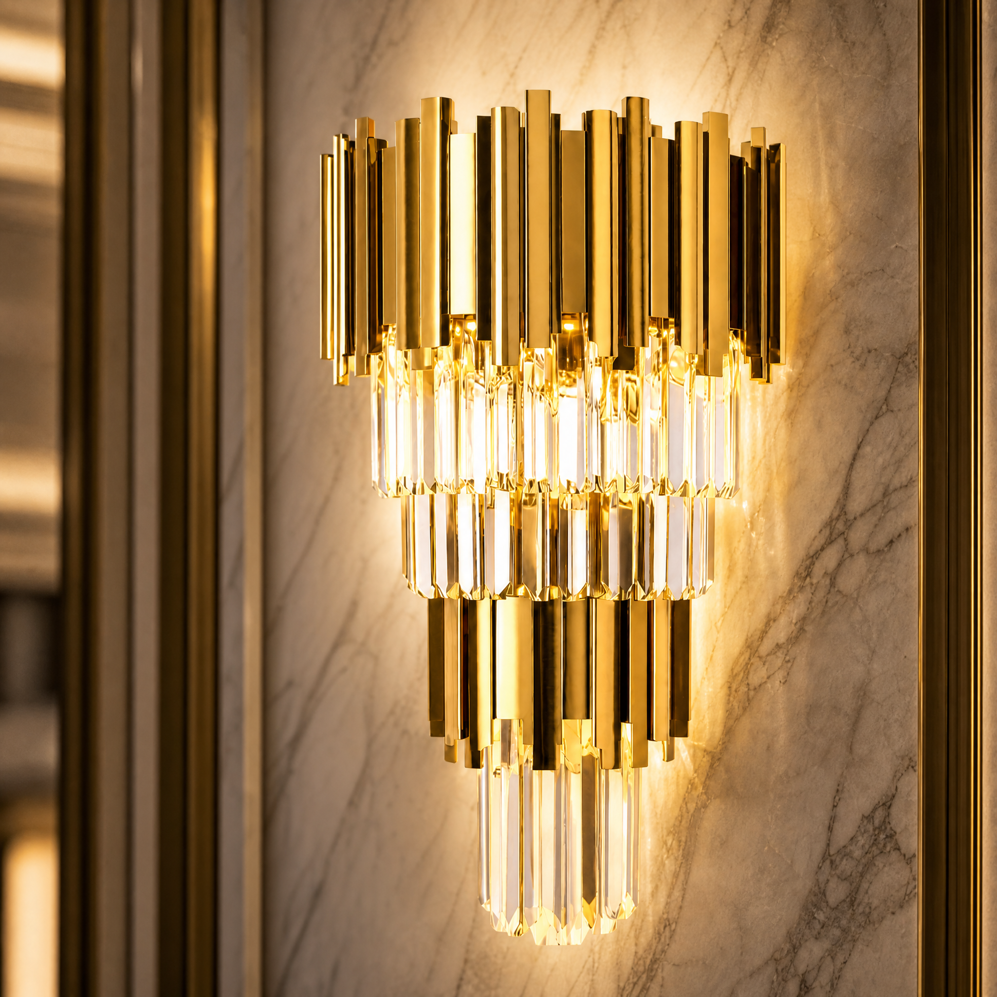 Close up detail of the Boeotia wall light showing sparkling crystal bar textures contrasted with polished cuboid metal tubing.