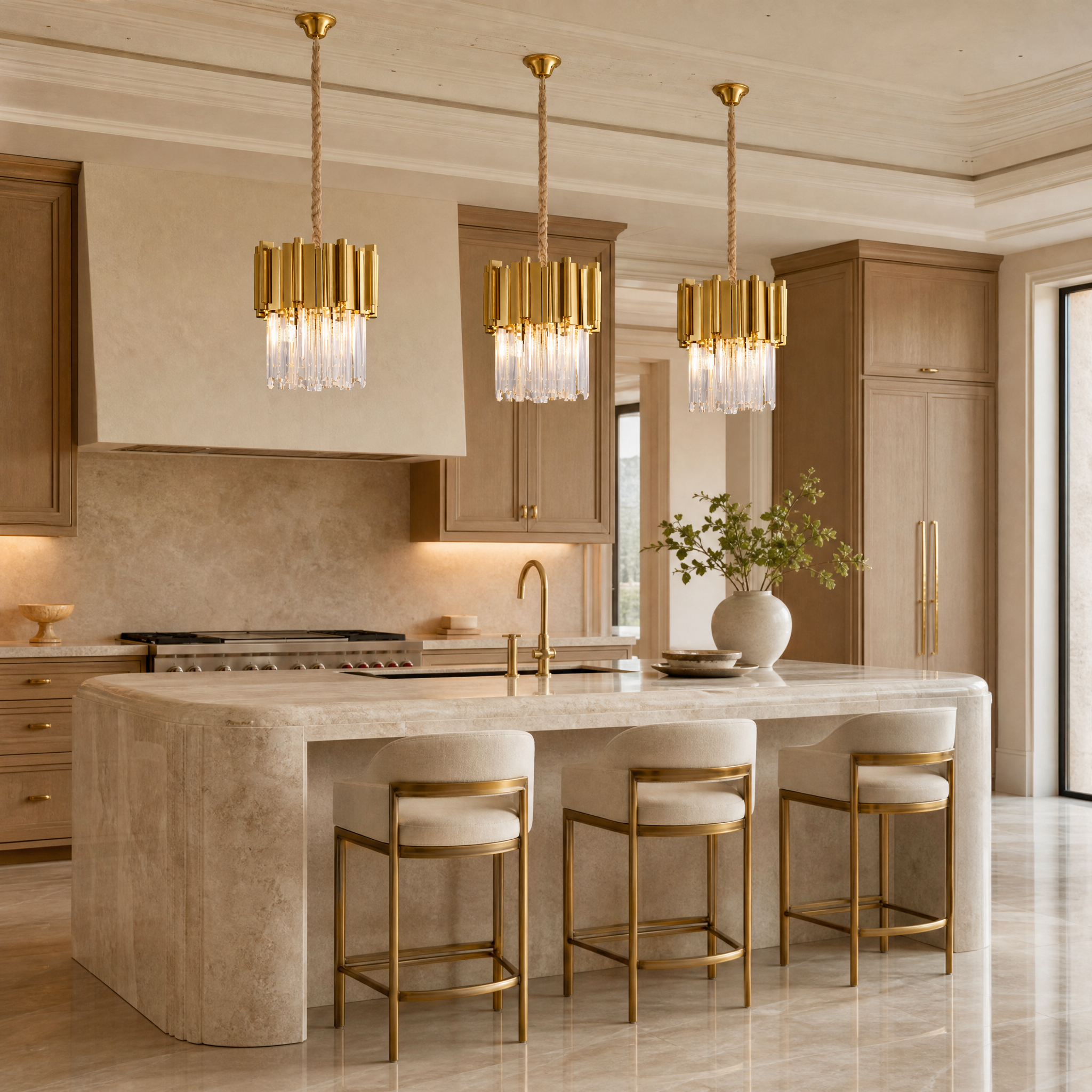 Boeotia crystal pendant light illuminating a modern dining room table for an opulent and warm atmosphere
