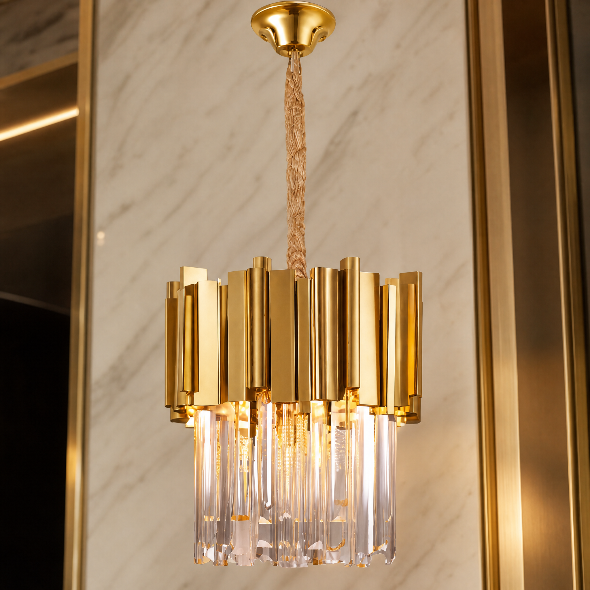 Close up detail of the VORELLI Boeotia pendant showing faceted crystal prisms and polished stainless steel frame