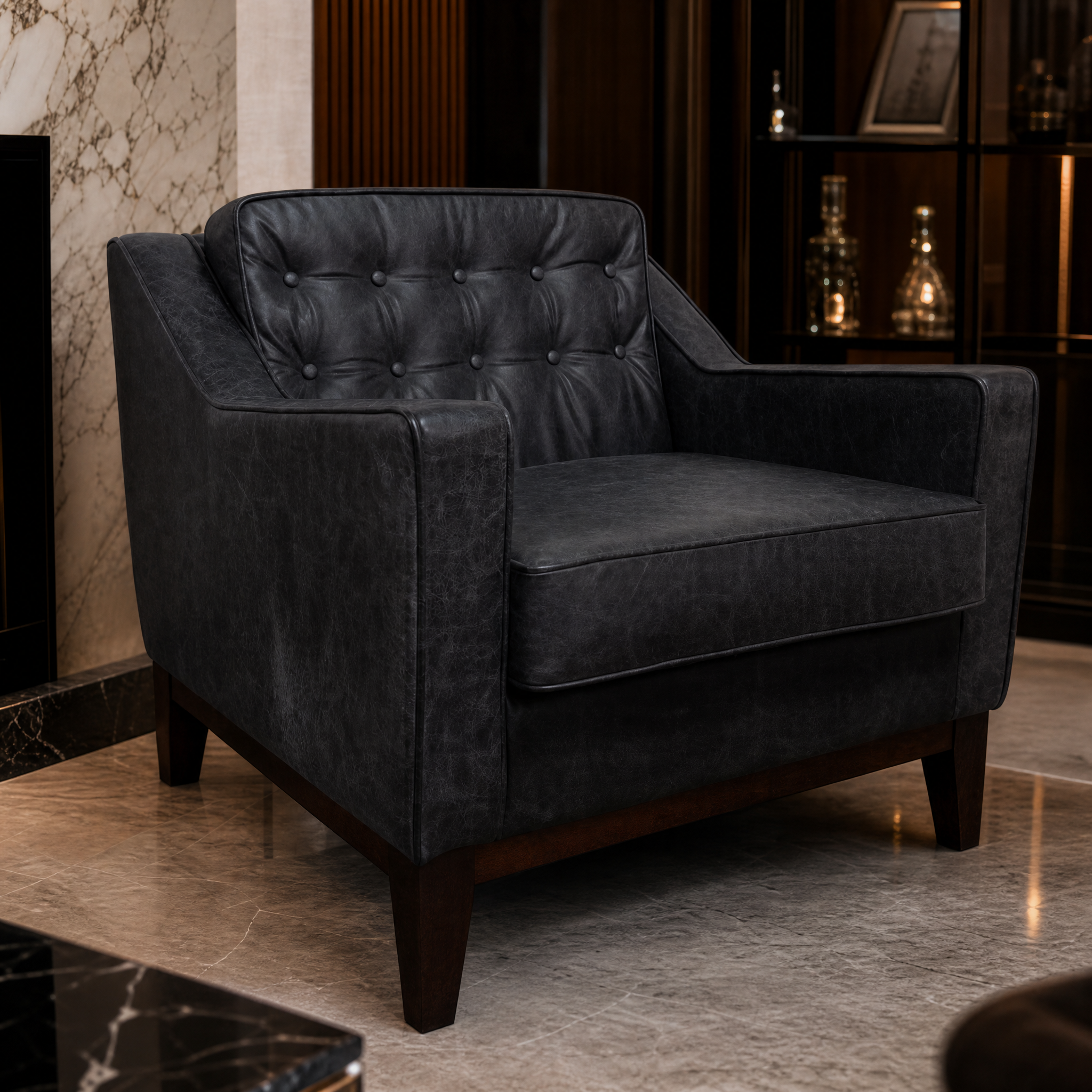Detailed closeup showcasing the premium texture of the Oxford grey upholstery and the refined craftsmanship of the Borgevo walnut frame.
