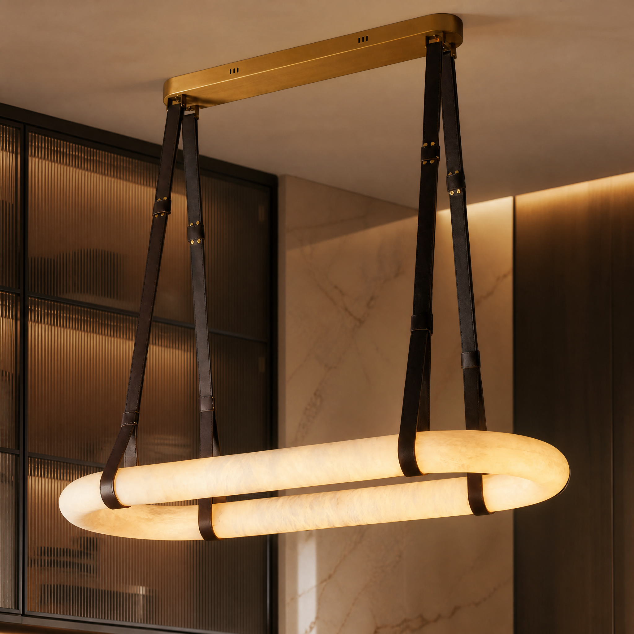 Close-up of the intricate natural marble veining and artisan leather strap suspension details on the VORELLI Botticino chandelier.