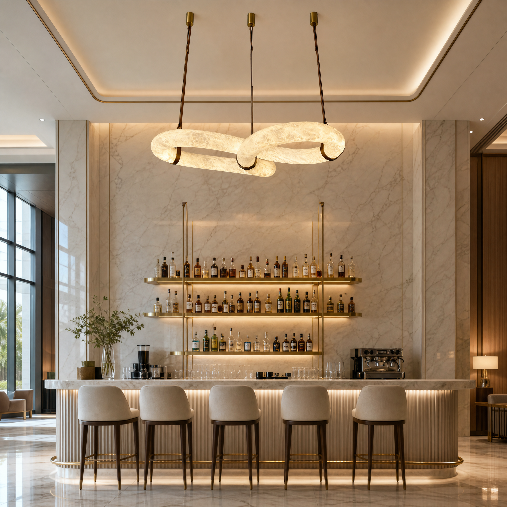 Elegant Botticino loop marble light fixture installed in a high-end boutique hotel lobby design.