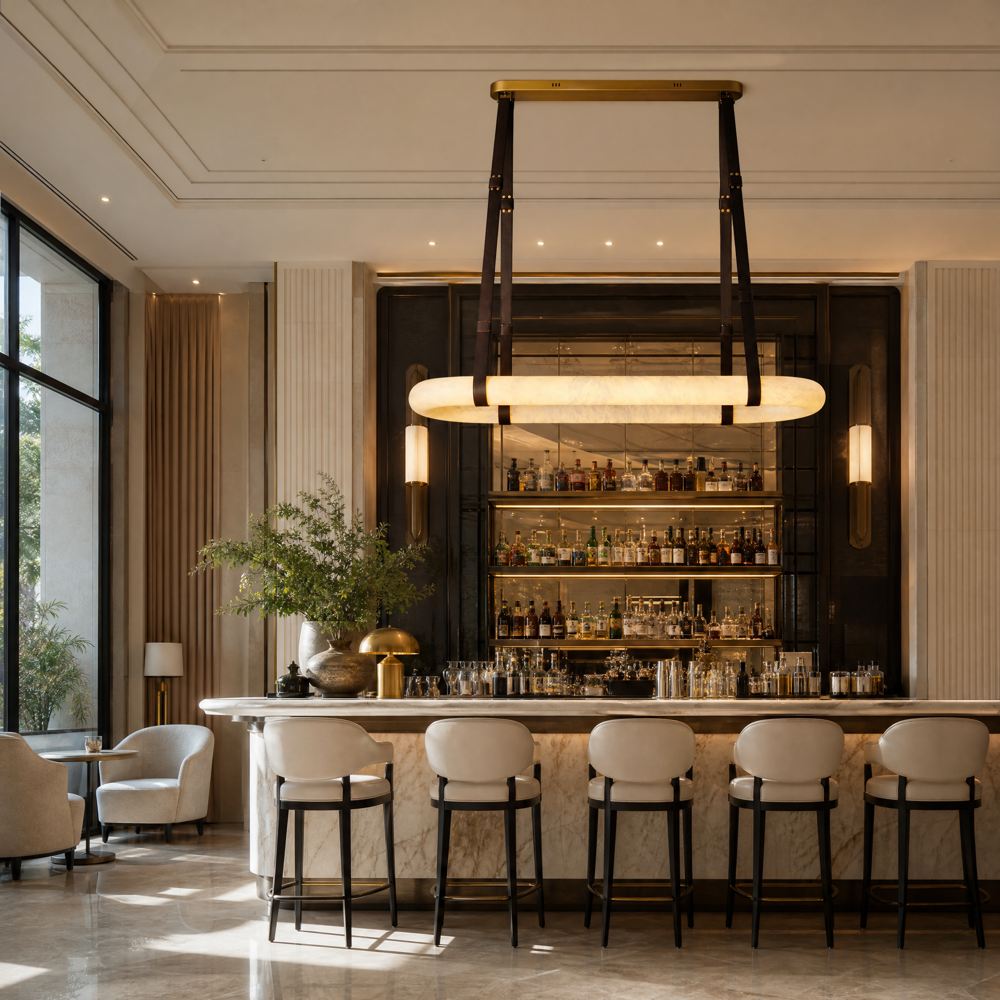 Elegant marble slab pendant lighting suspended by leather straps in a high-end commercial hotel lobby.