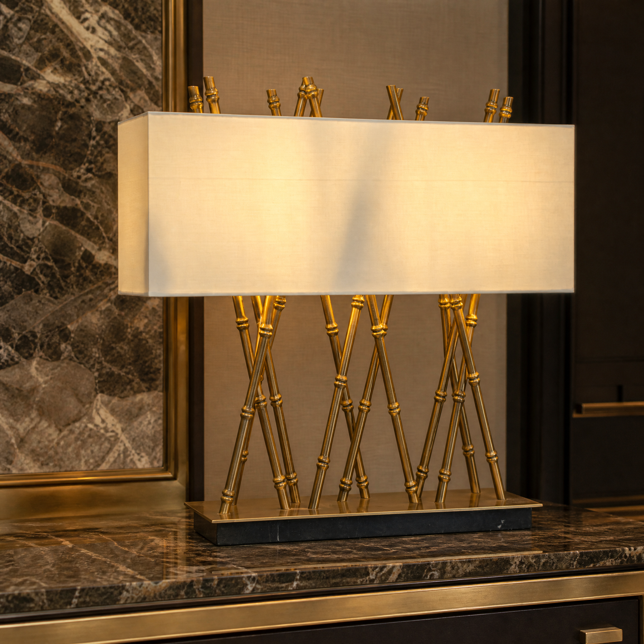 Close up detail of the Bravento lamp showcasing the intricate bamboo-inspired brass texture and craftsmanship