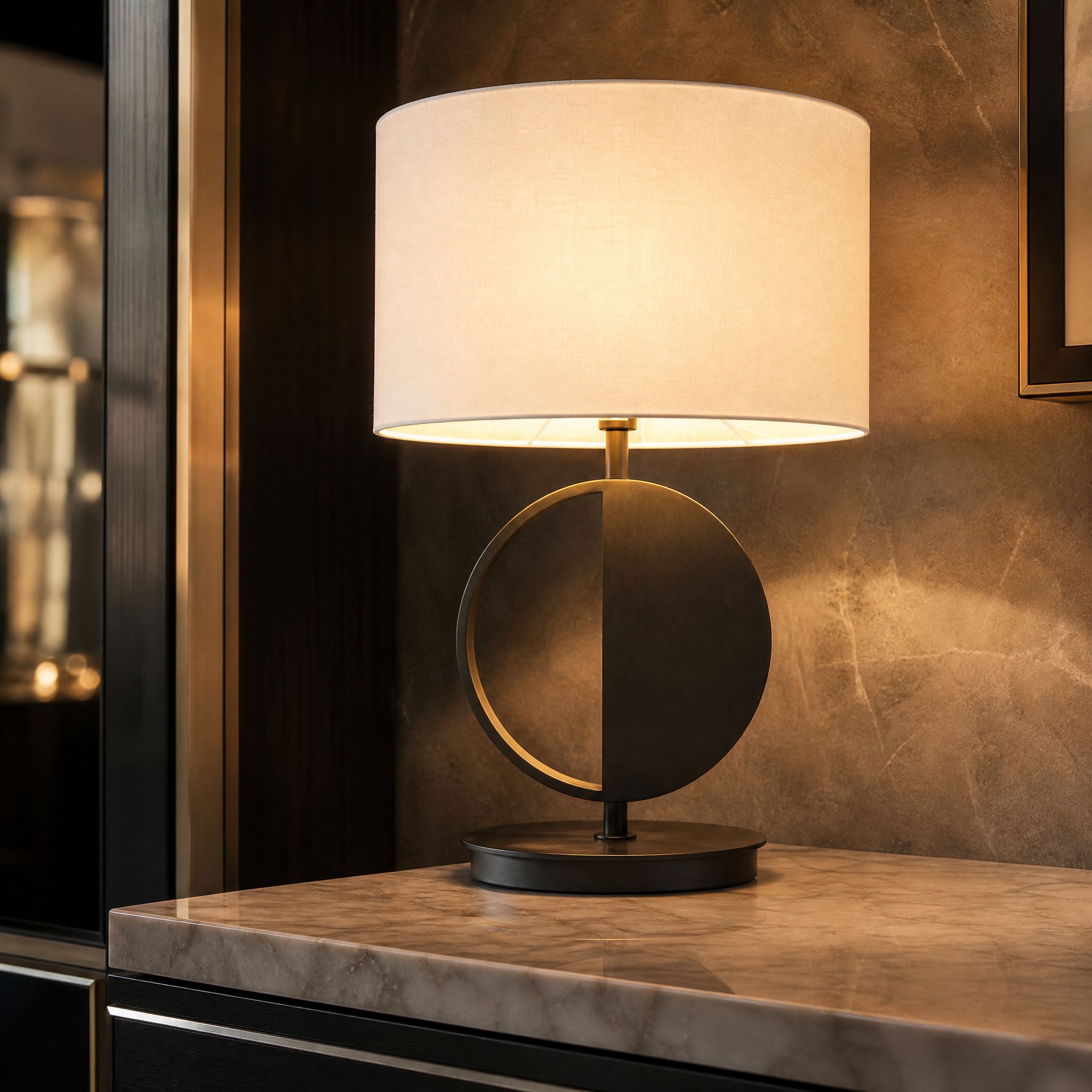 Close up detail of the VORELLI Bravon lamp showing the contrast between rich dark bronze and refined antique brass metalwork