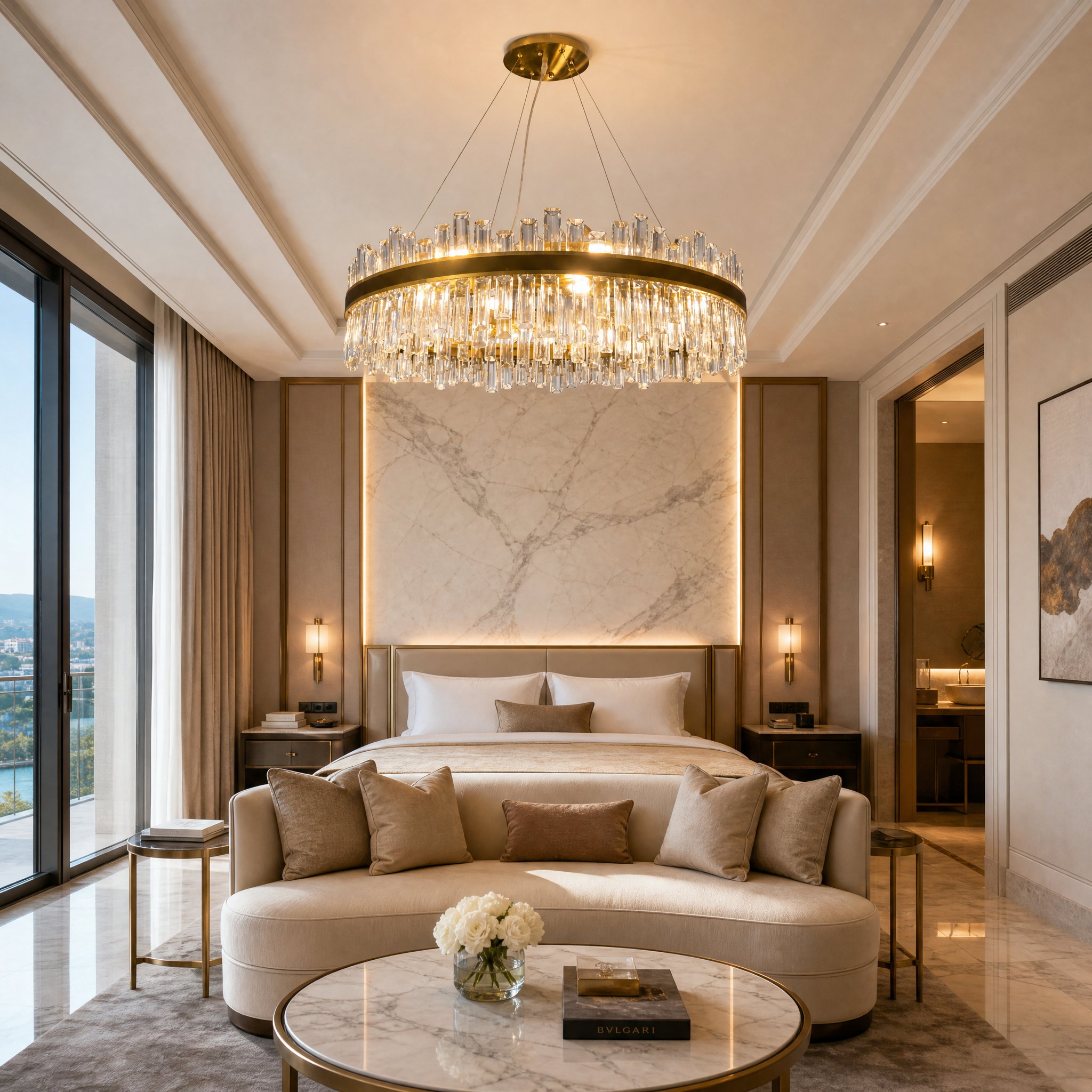 Contemporary Brighouse circular crystal chandelier displayed in a high-end hotel lobby for a sophisticated atmosphere.