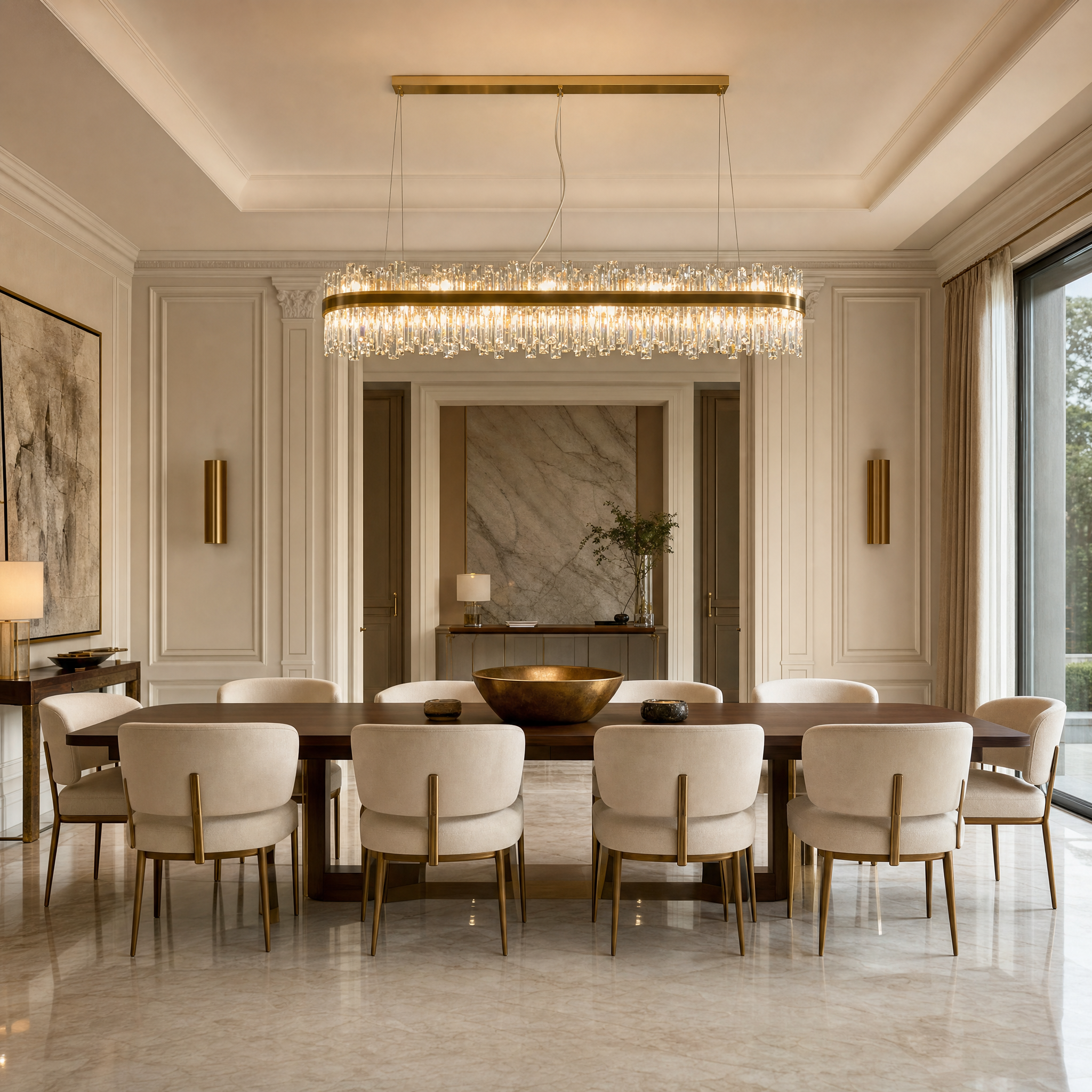 The VORELLI Brighouse Rectangular Chandelier illuminating a contemporary residential dining room with luxury ambiance.