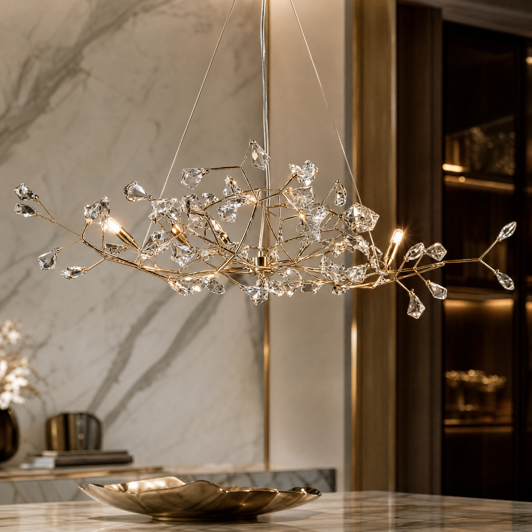 Macro closeup of the VORELLI Brisella rectangular chandelier showcasing the exquisite diamond-cut faceted crystals on the sculptural linear frame.