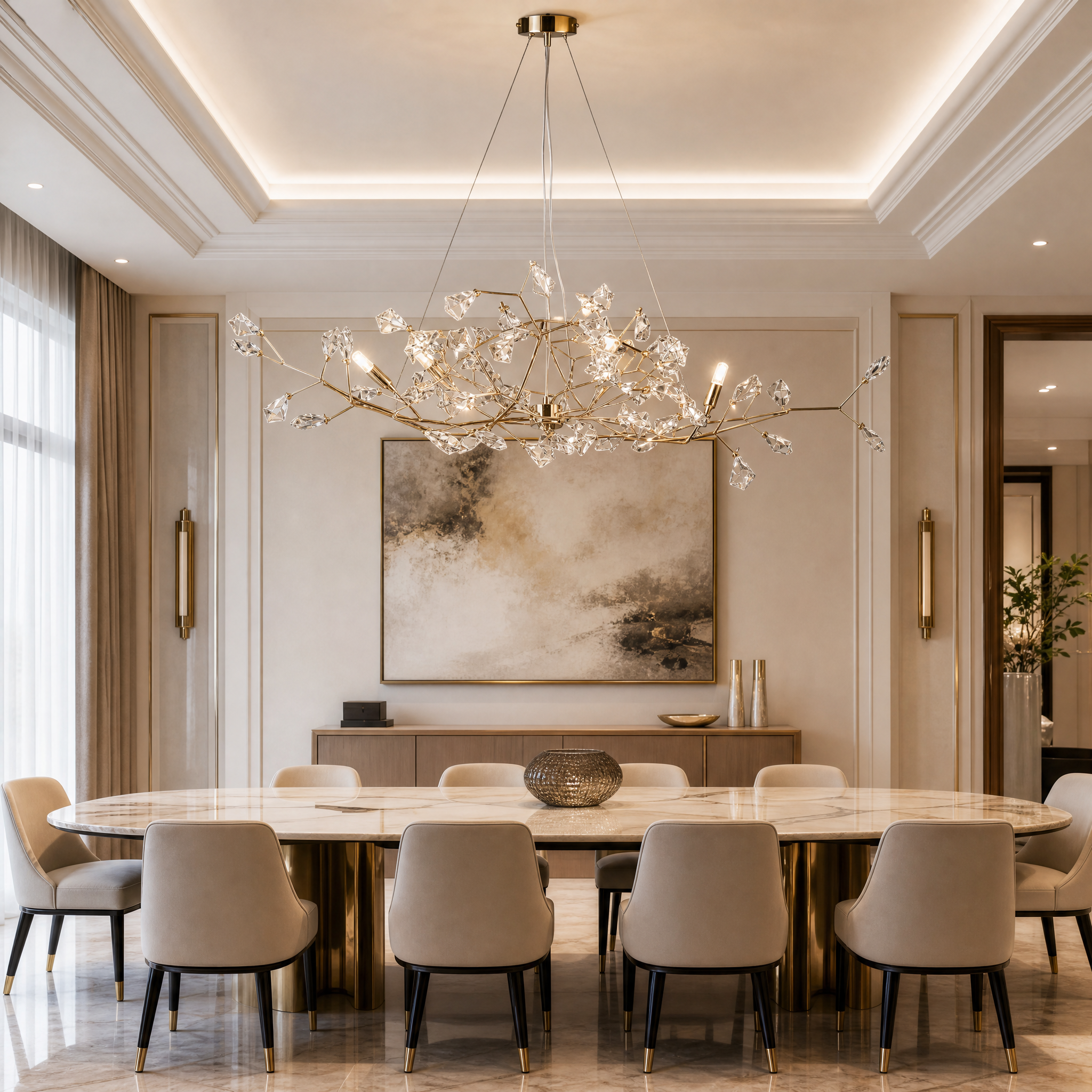 The VORELLI Brisella rectangular crystal chandelier illuminating a luxury residential dining room table with an elegant, warm glow.