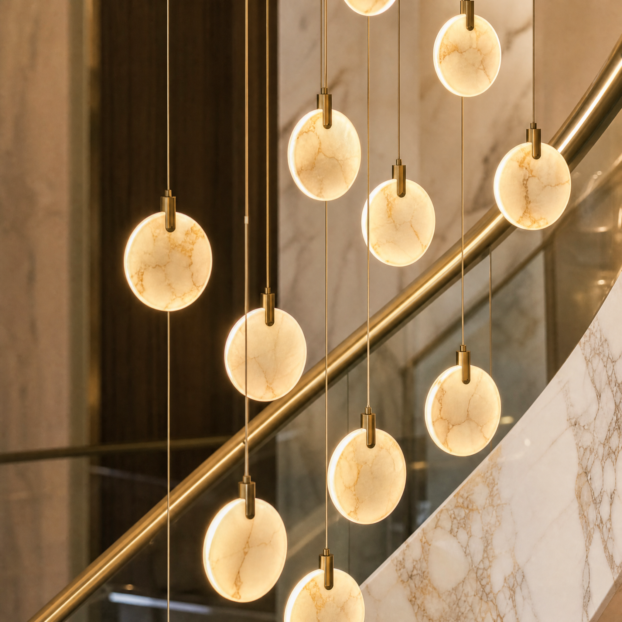 Macro view of a single VORELLI Calacatta alabaster marble pendant, highlighting the unique natural veining and translucent texture of the illuminated stone.