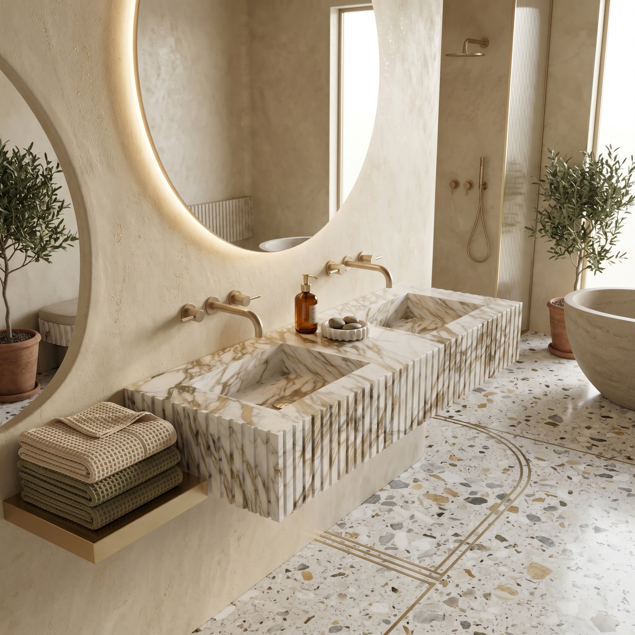 Calacatta Gold Marble Double Sink - Fluted